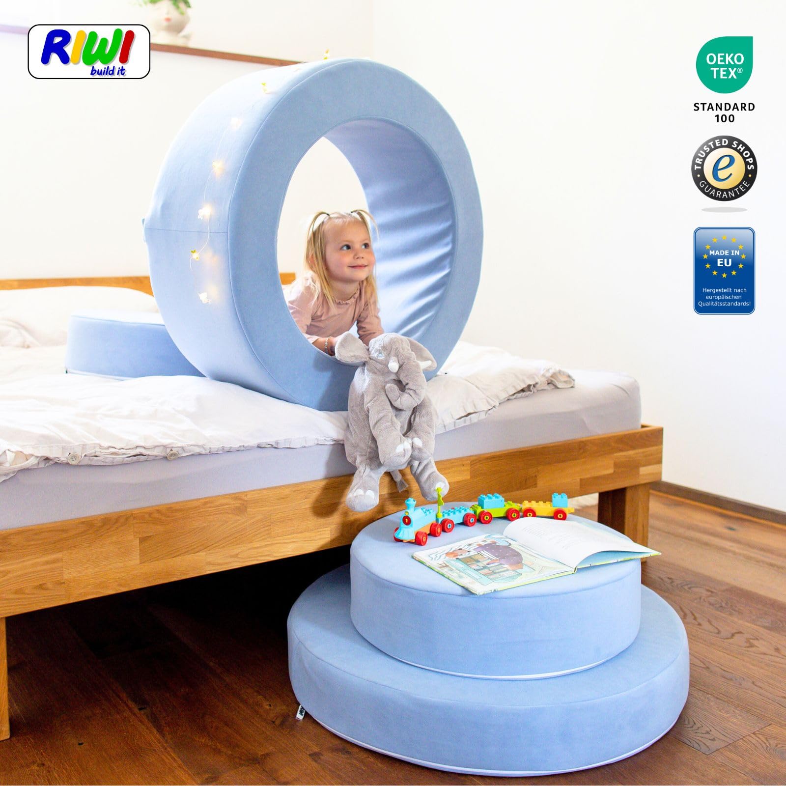 RIWI® Loop – Hellblau Premium (RCC202-27) | modularer Spielhocker für Kinder | 3-in-1 Sitzmöbel, Spielgerät & Bauobjekt | weich, sicher & waschbar