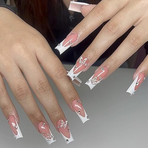 Uñas postizas a presión de punta francesa, uñas postizas largas cuadradas con pegamento brillante, uñas acrílicas a presión, uñas postizas rosa nude