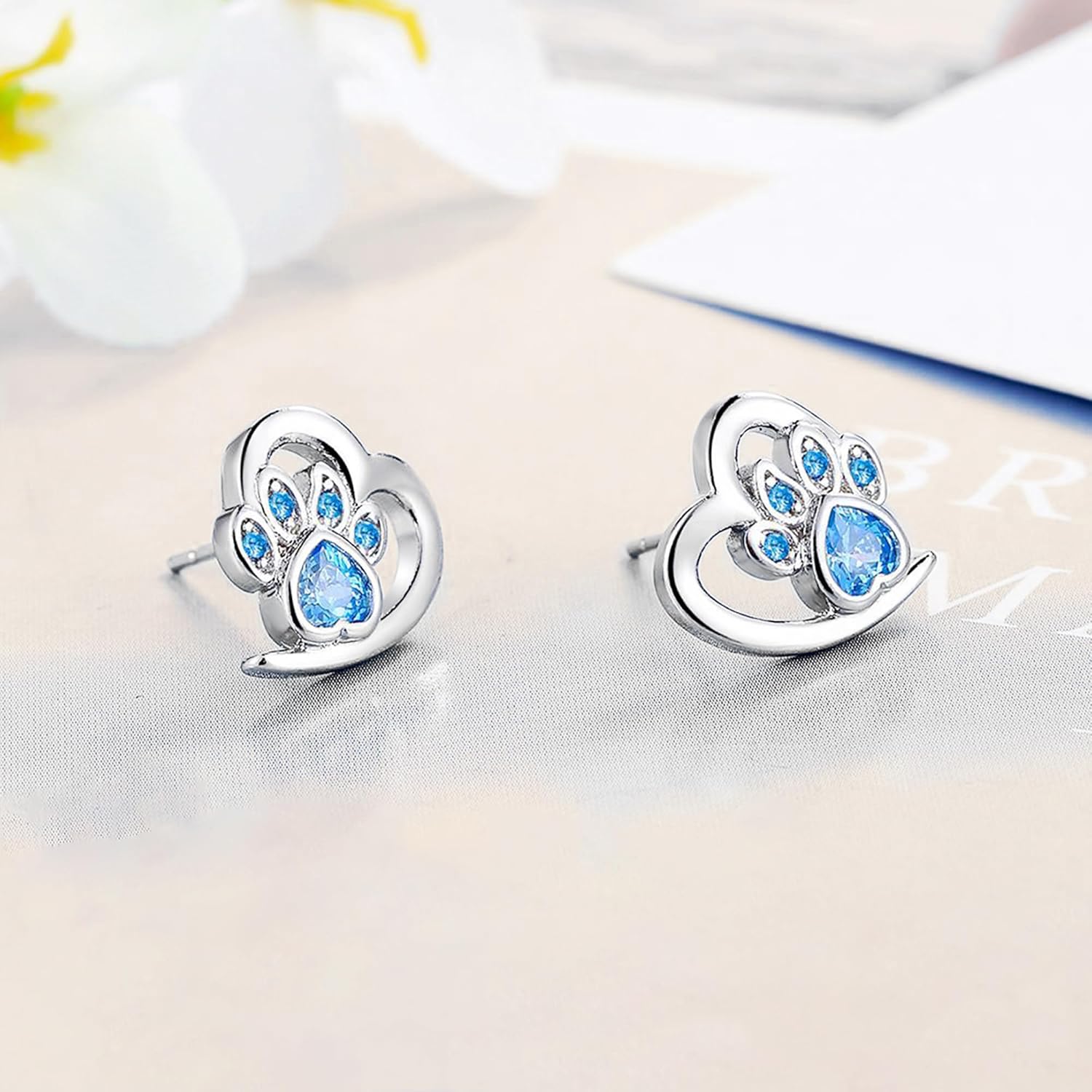 Paw Earrings for Women Sterling Silver Blue Heart CZ Paw Print Stud Earrings Sweet Cute Puppy Cat Dog Paw Earrings Hypoallergenic Animal Lovely Gifts for Pet Lovers Daughter Birthday - Image 4