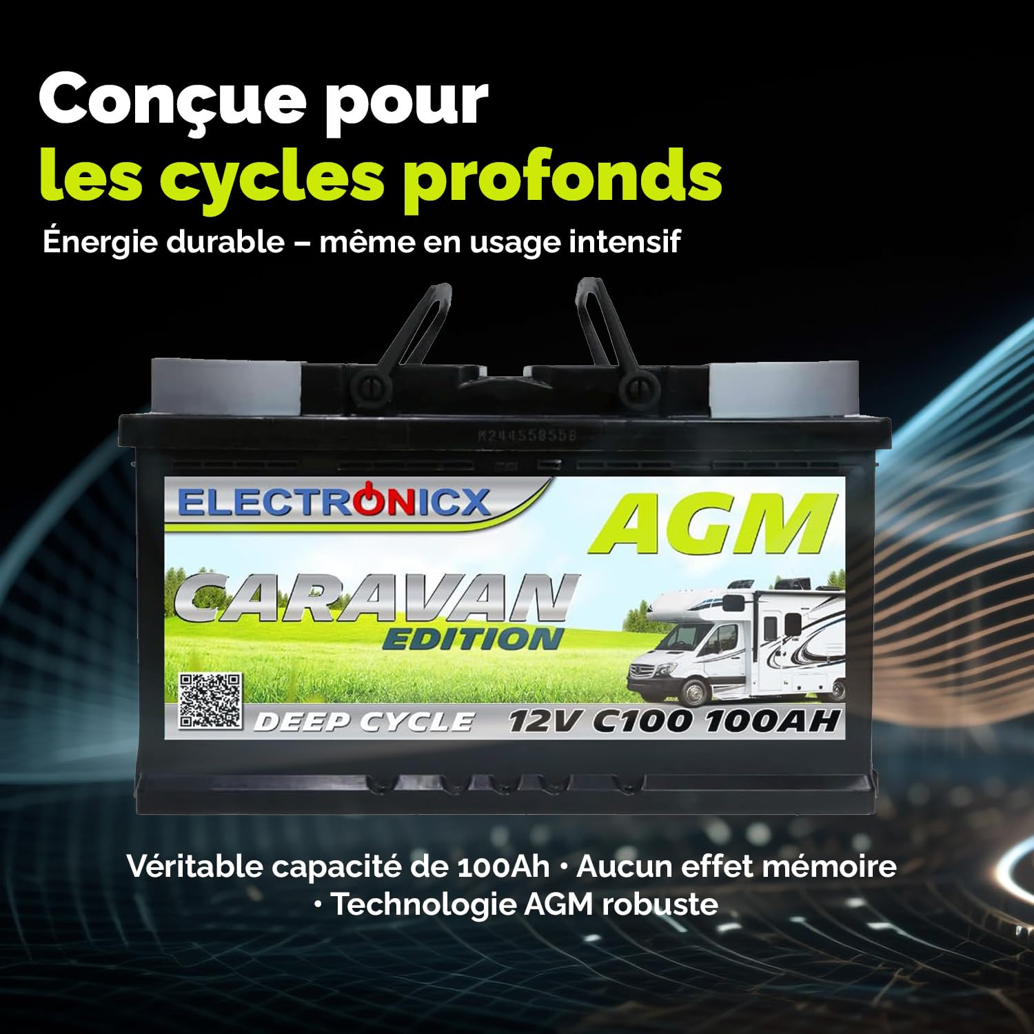 Electronicx Batterie AGM 12V 100Ah pour caravane – 100 ah Batterie auxiliaire étanche, sans entretien, à décharge profonde, pôle positif à droite – pour caravane, système solaire
