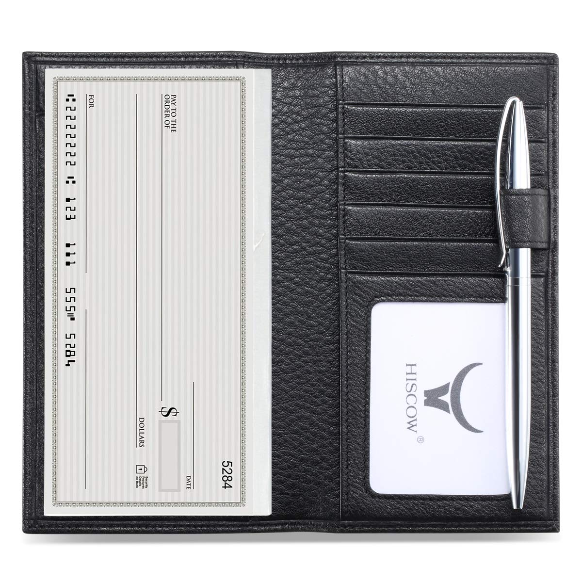 HISCOW Leather Checkbook Cover with Card Slots &amp; Pen Holder, Pebbled Black