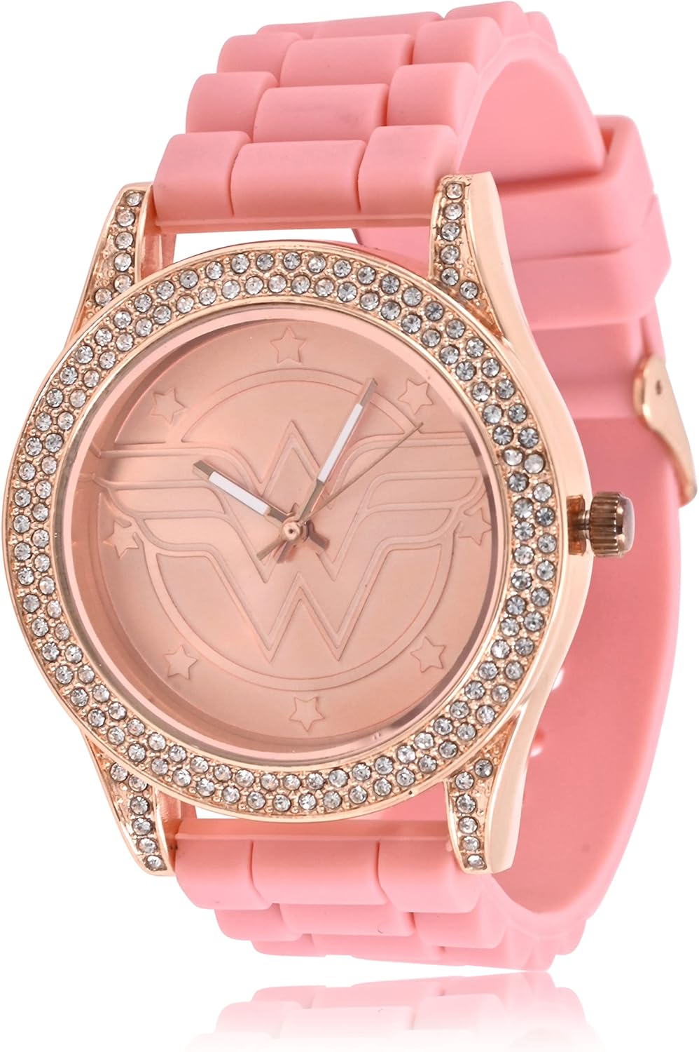 Accutime DC Comics Wonderwoman Adult Women's Analog Watch - Pink Silicone Strap, Dial Rose Gold Case with Stones, Glass Dial Face, Female, Analog Watch in Pink (Model: WOW9057AZ)