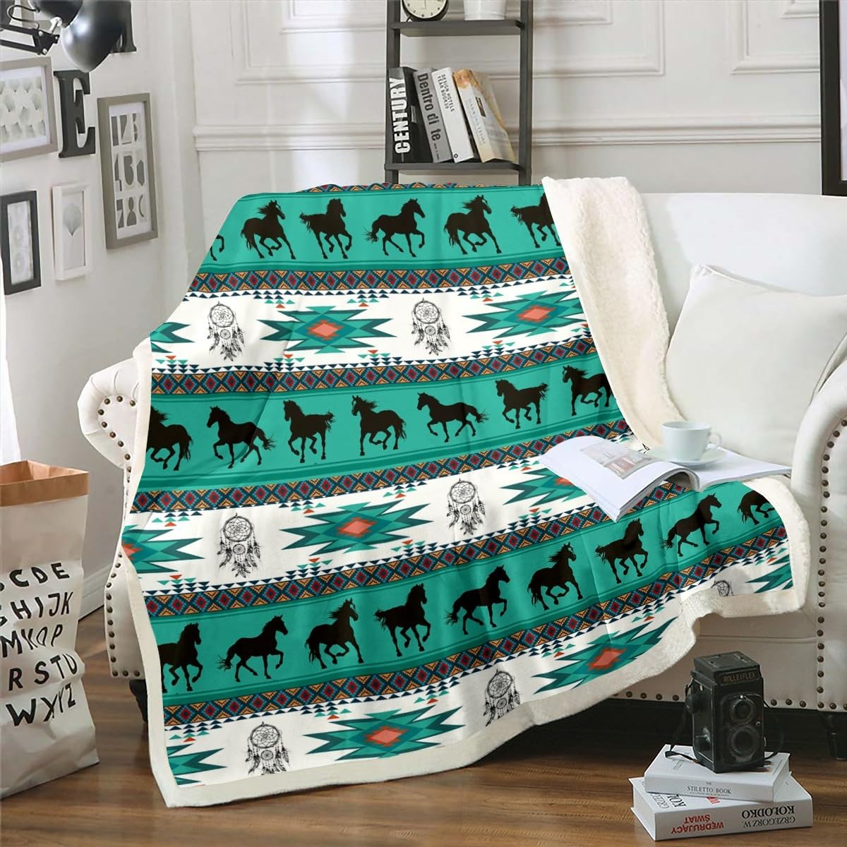 Boho Aztec Throw Blanket Western Sherpa Blanket For Cowboy Cowgirl Kids Dream Catcher Horse Plush Blanket Native American Indian Tribal Fuzzy Blanket for Sofa Bed Couch, Bedroom Decor Twin 60x80 Inch