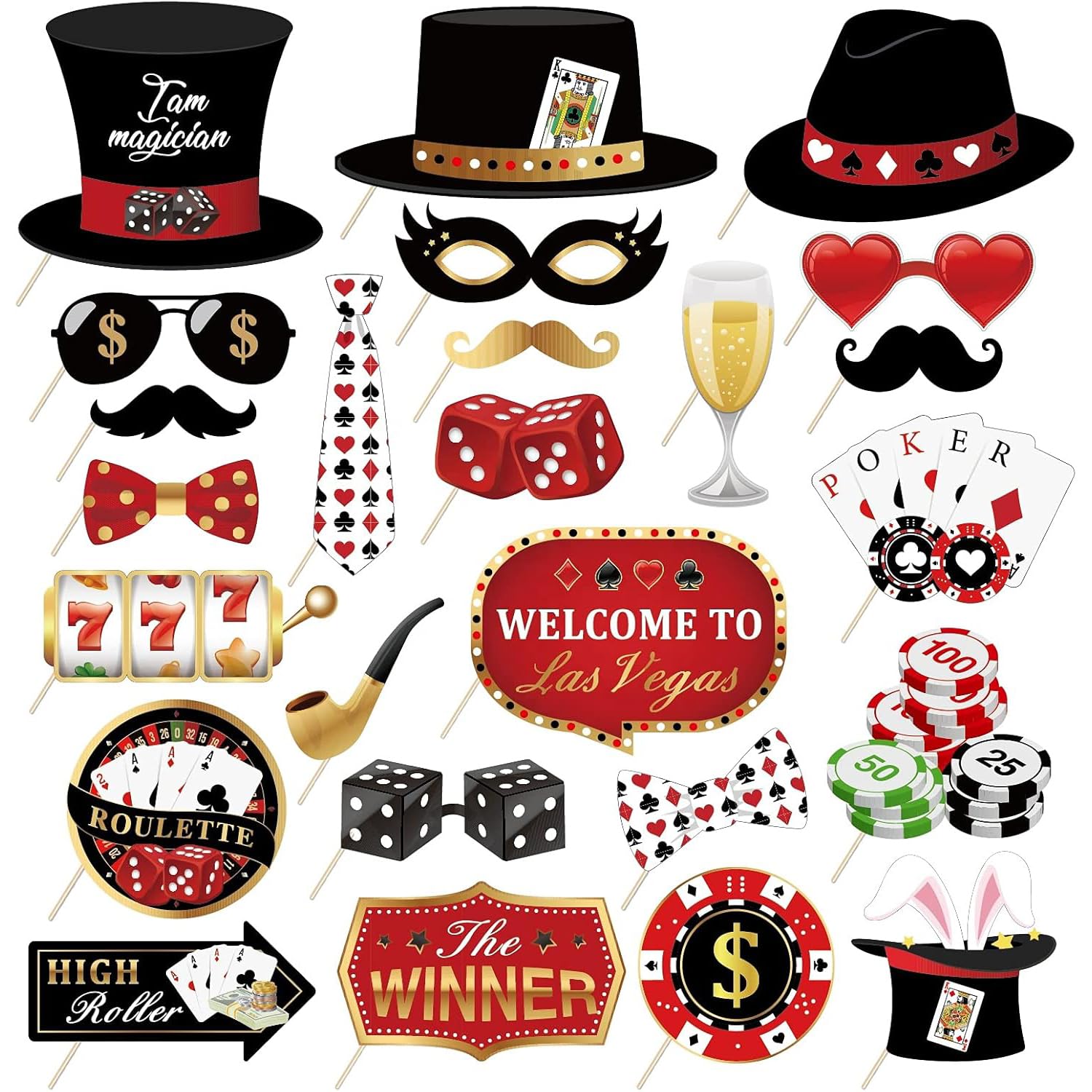 Las Vegas Casino Photo Props, 25 Pieces Las Vegas Decor Photo Booth Props, Casino Decor Photo Booth Party, Casino Royal DIY Poker Theme Photo Decoration for Night Party Party Decoration Accessories — image 1