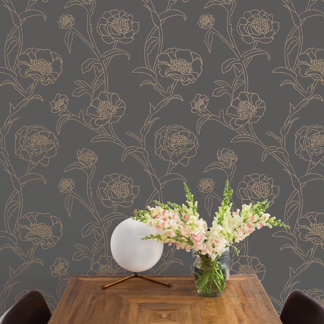 Tempaper Noir & Metallic Gold Peonies Removable Peel and Stick Floral Wallpaper, 20.5 in X 16.5 ft, Made in The USA