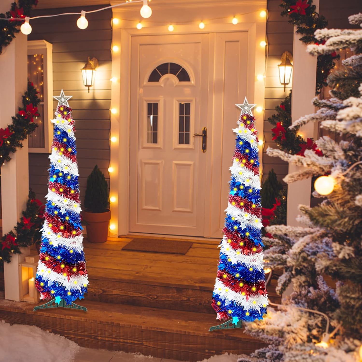 5Ft Pop up Christmas Tree 4th of July Patriotic Decorations Tree with 100 Lights, Artificial Collapsible Star Sequins Christmas Tree for Indoor Outdoor Independence Day Patriotic Party Decorations