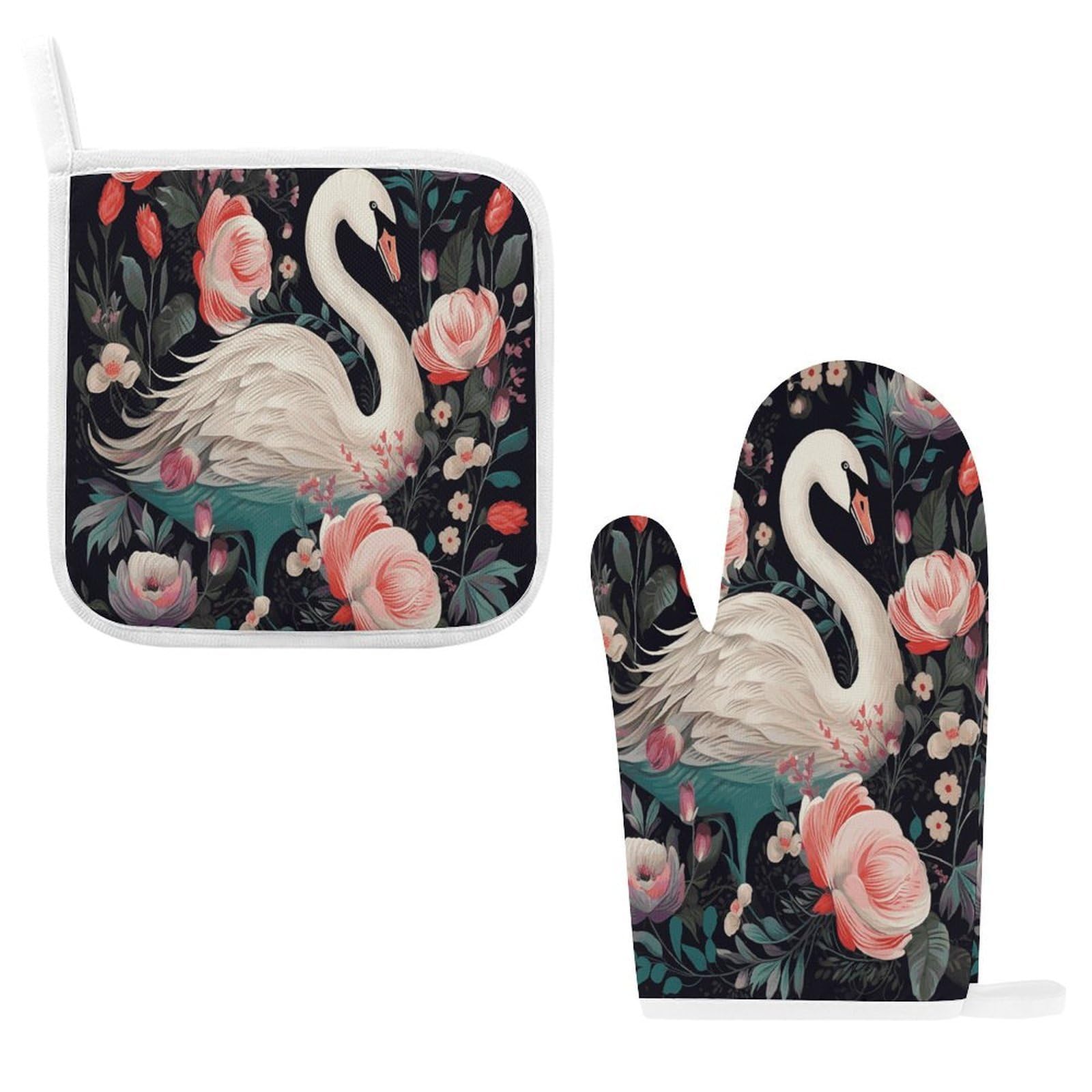 Fodpand Style Floral Swan Oven Mitts And Pot Holders Sets