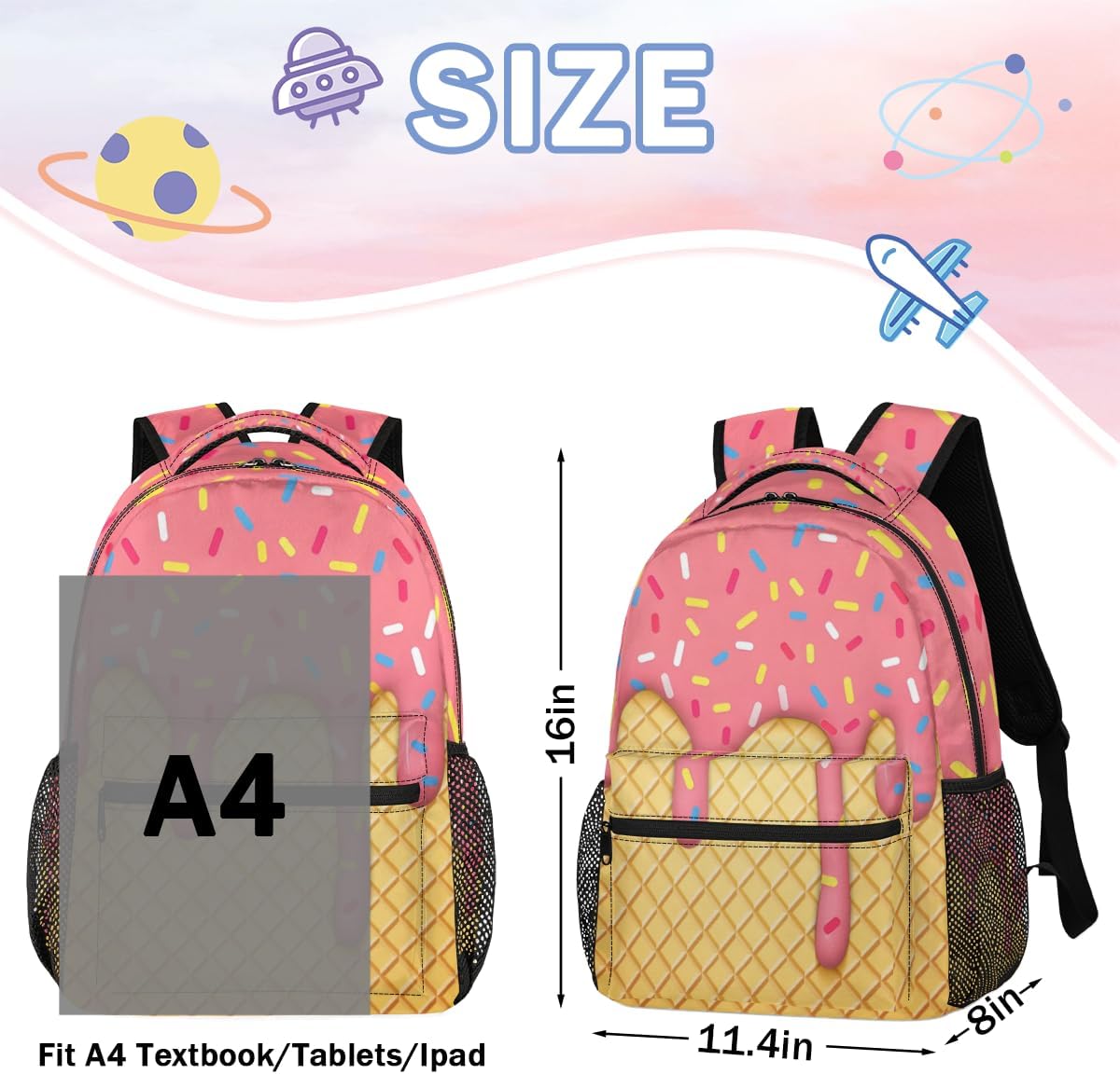 Daypack Backpacks 16 Inch Bookbags for Students, Ice Cream School Backpack Laptop Shoulder Bag Daypack for Travel Hiking Camping, Casual Daypack for Girls Boys Women Men - Image 4