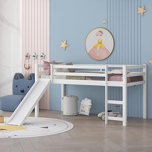 Miniatura 3 de Harper & Bright Designs Cama alta baja con tobogán tamaño individual para niños y niñas, cama alta de madera de pino maciza con escalera y rieles de
