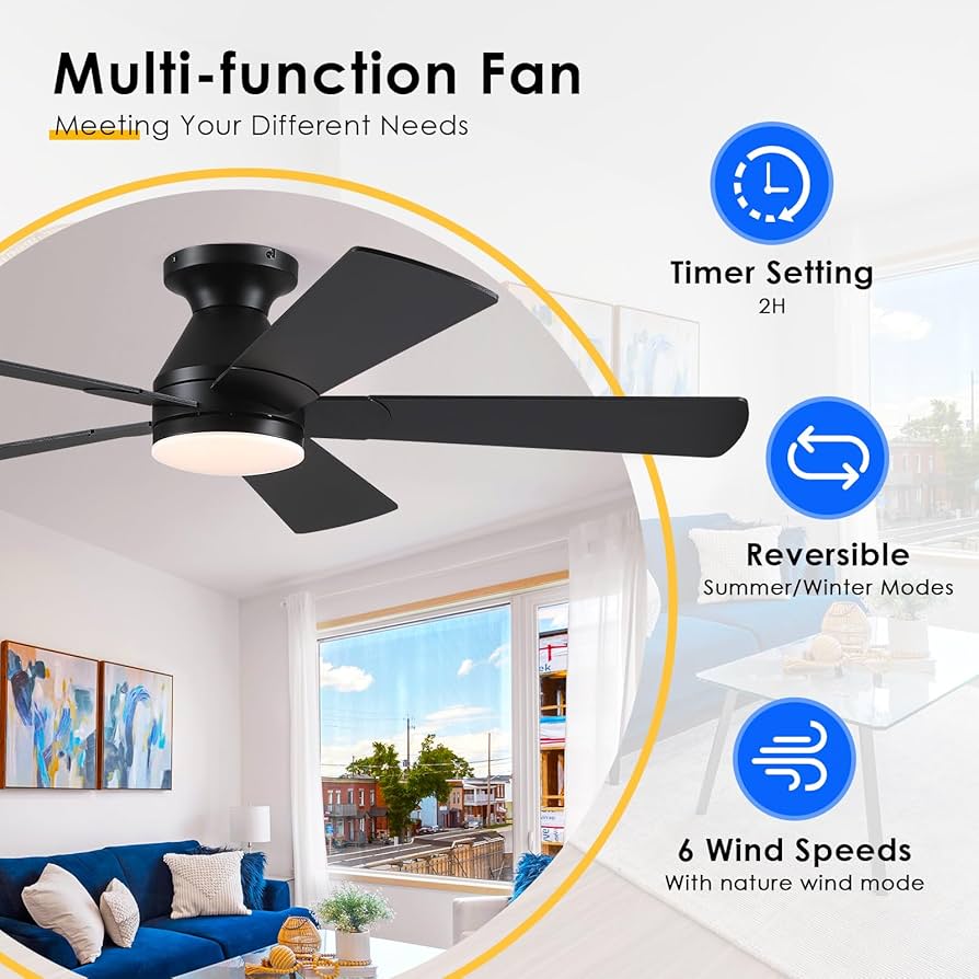 ◆ぱぴこ◆ BYKISTOK Black Ceiling Fans with Lights - 52In Flush Mount