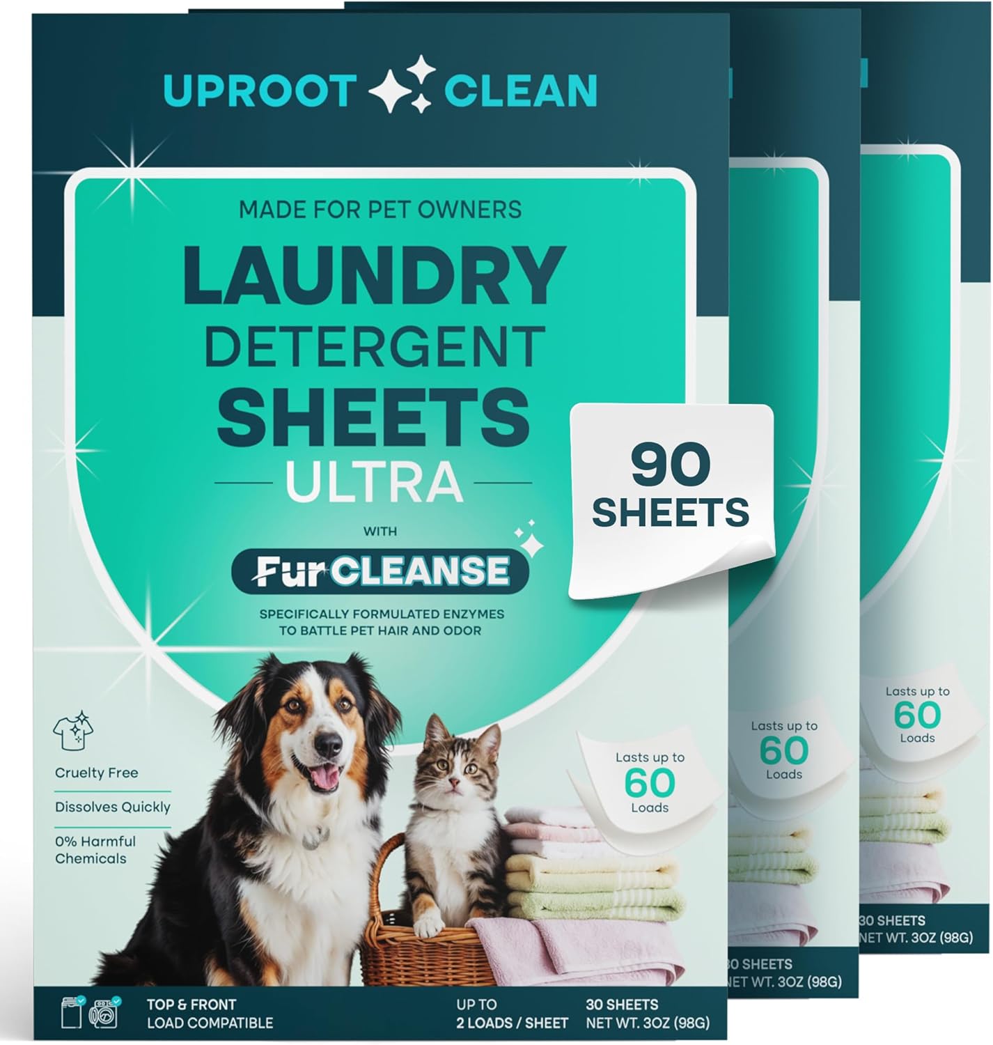 Uproot Clean Laundry Sheets Ultra - 90 Pack - Fragrance-Free: Extra-Large Enzyme-Powered Laundry Detergent Sheets Made in USA - Eliminate Clinging Fur, Pet Odors, & Messy Residue - Up to 180 Loads
