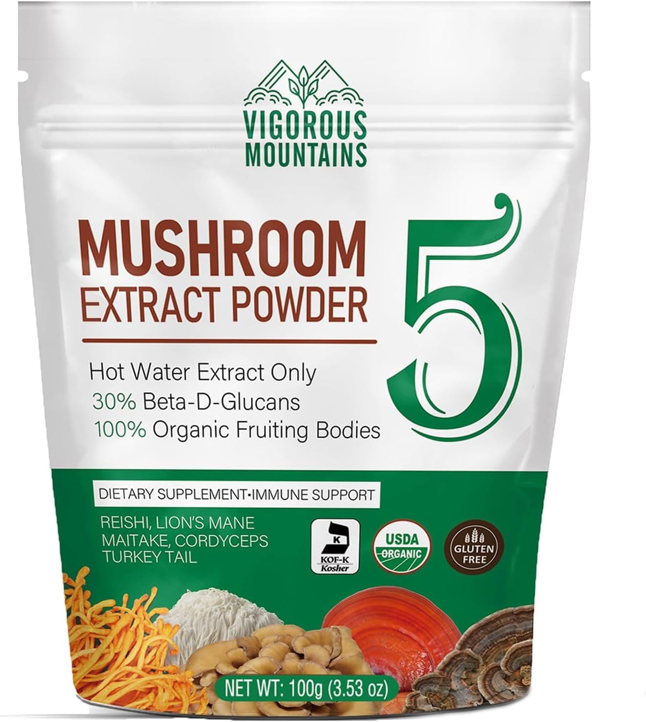 VIGOROUS MOUNTAINS Organic Mushroom Supplement Powder, 30% β-D-Glucan, USDA Certified, Premium Mushroom Complex Blend for Immune Support, Brain Focus, Easy Mix in Coffee & Tea