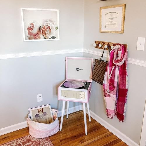 Miniatura 6 de Arkrocket - Tocadiscos retro con 3 velocidades y Bluetooth, con altavoces integrados y patas extraíbles, edición limitada, color rosa y blanco