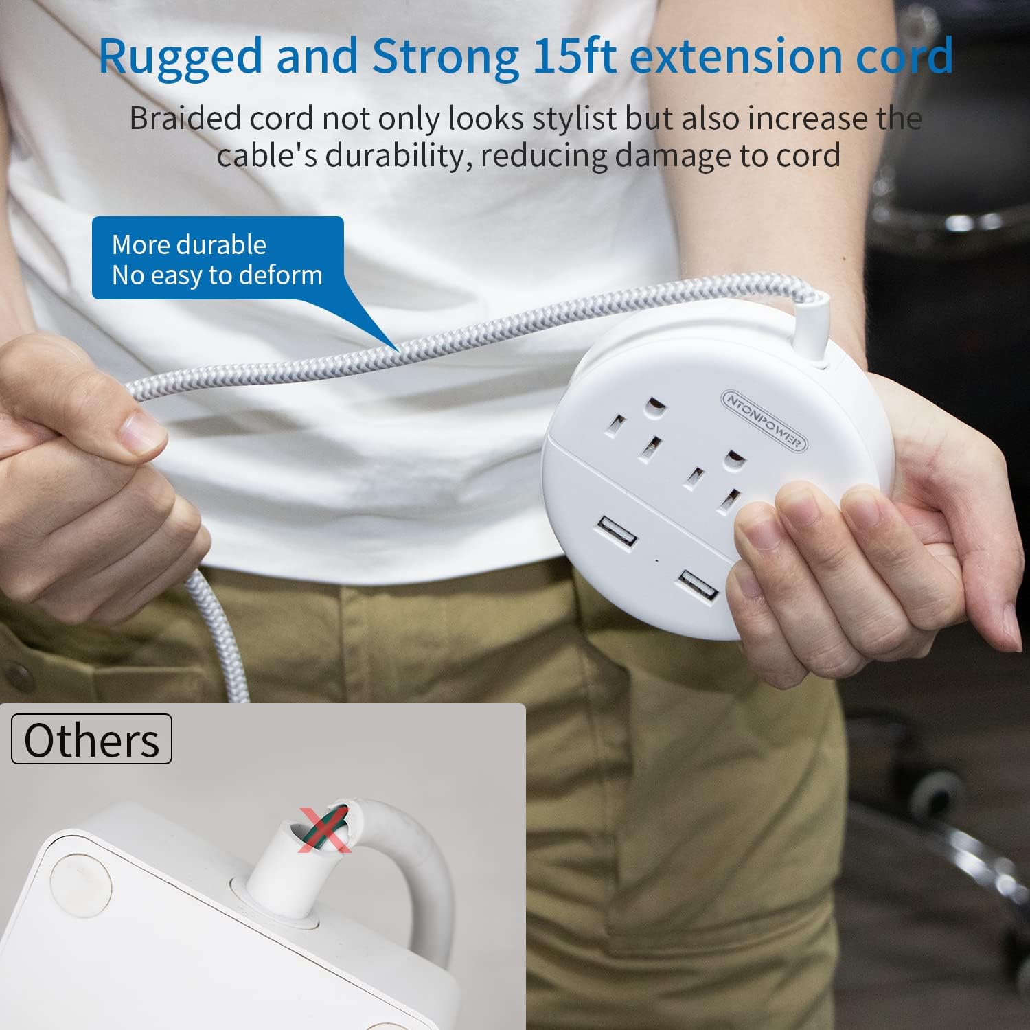 NTONPOWER Braided Extension Cord 15 ft, Flat Plug Power Strip with USB, Compact Nightstand Desktop Charging Station with 3 Outlets 2 USB Ports, Wall Mount for Dorm Nightstand Desk, White