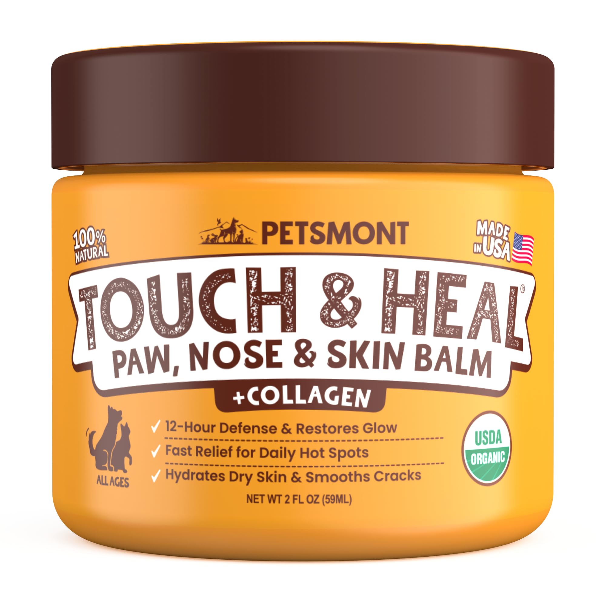 Petsmont Touch & Heal Organic Paw Balm for Dogs 2oz - Cream Lotion Protection Moisturizer Nose Natural Soother Hot Pavement Wax Dry Paws Cracked Butter Protectors Pad Snout Puppy Elbow Foot Pet