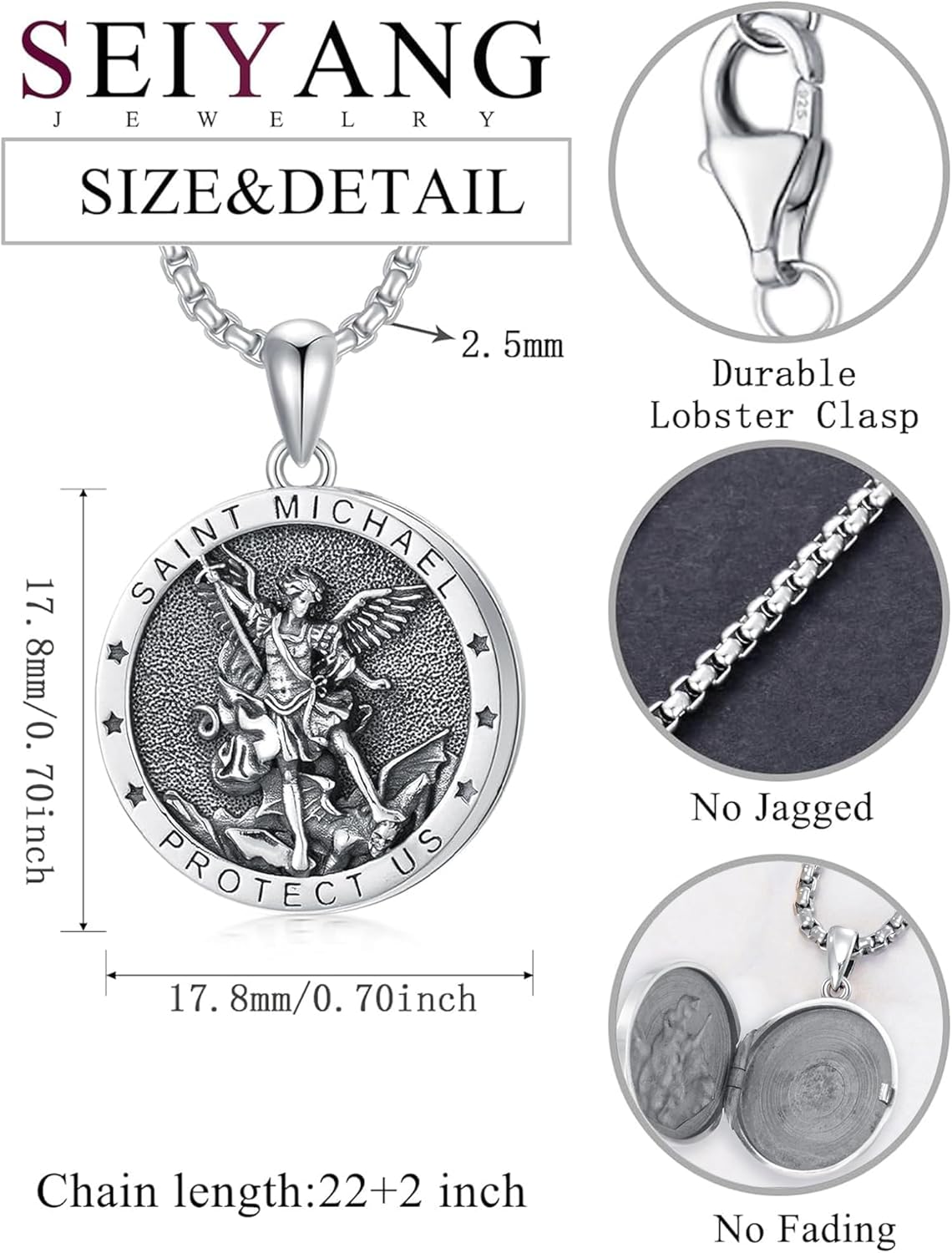 Seiyang 925 Sterling Silver Saint Locket Necklace Personalized Photo Pendant for Men Women (with Gift Box) - Image 2