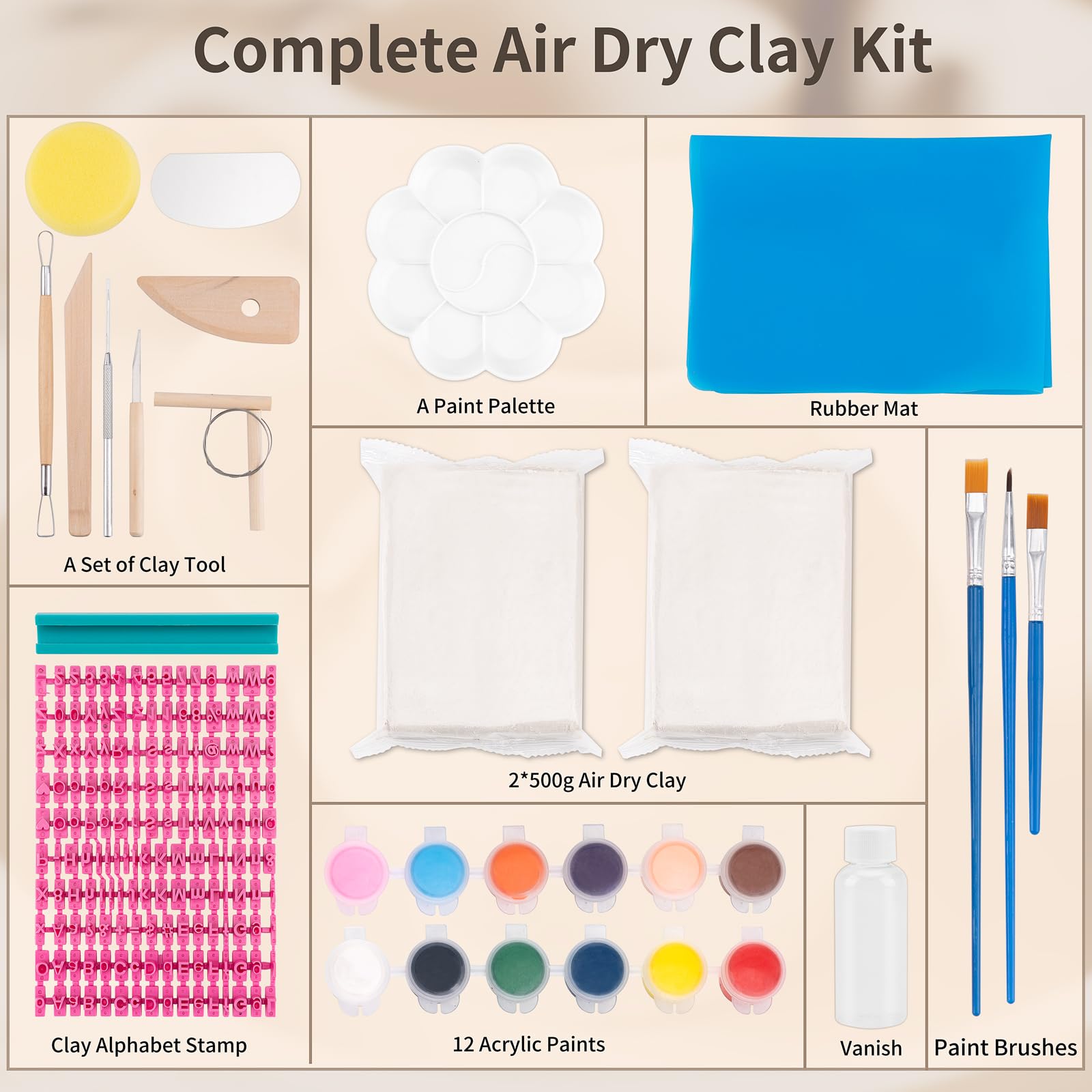 JelyArt Töpferset für Anfänger Lufttrocknender Ton Selbsttrocknender Ton für zuhause - Lufttrocknend DIY Set für Erwachsene Keramik Kreativset Tonset ohne Brennen Geschenke Bastelset (Clay Set)
