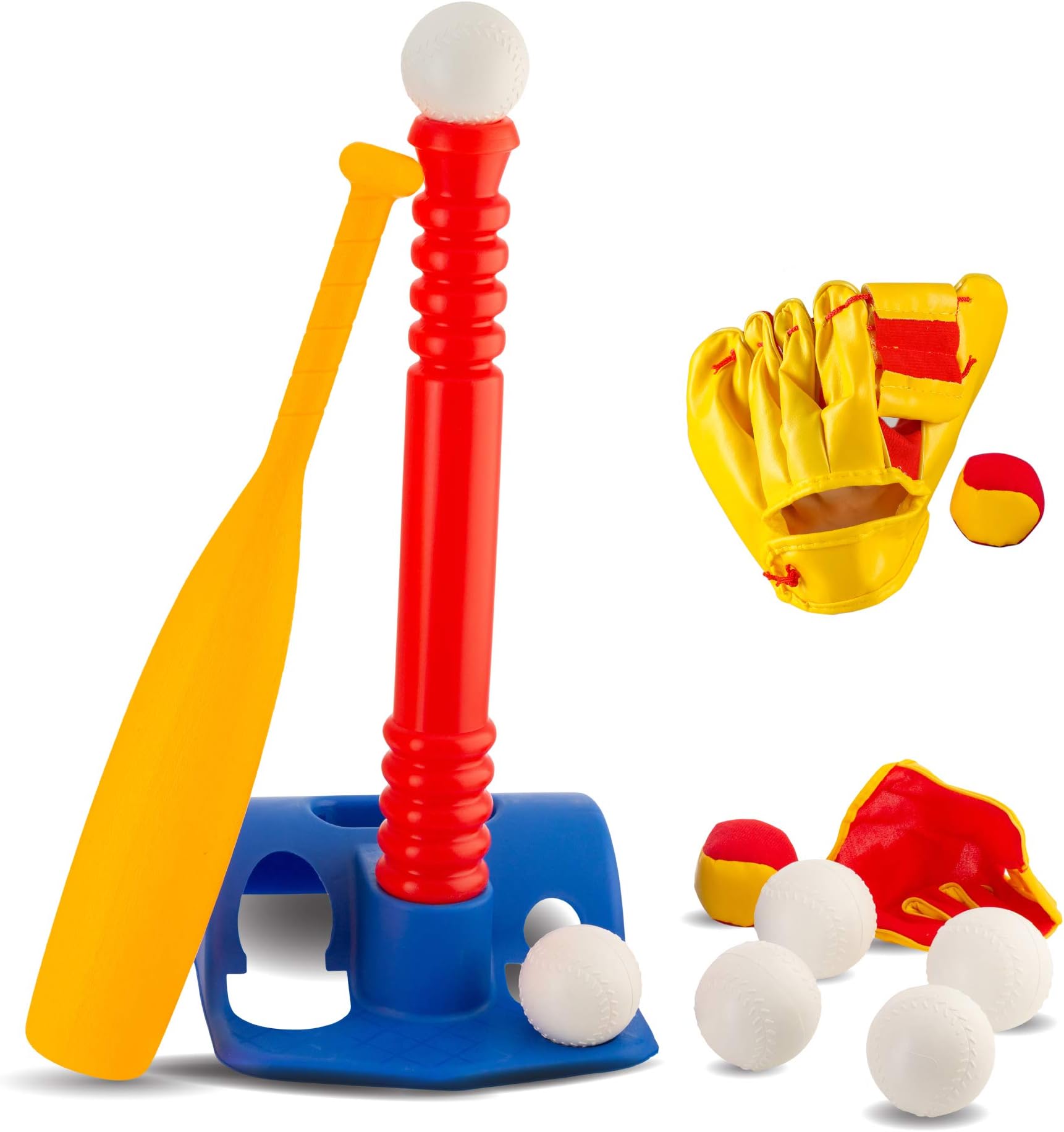 Tee-Ball Sport Set - 6 Balls and 1 Soft Ball with Bat & Glove to Develop Baseball & Softball Skills - Primary Color Set for Kids in Carry Case