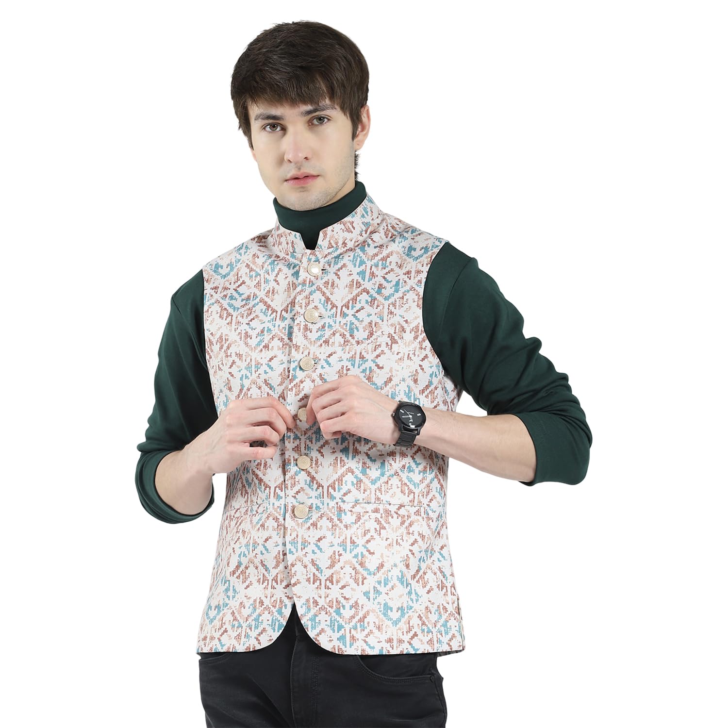 Men's Regular Fit Sleeveless Waistcoat | Button Closure | Mandarin Collar| Elegant Ethnic Wear Nehru Jacket for Men