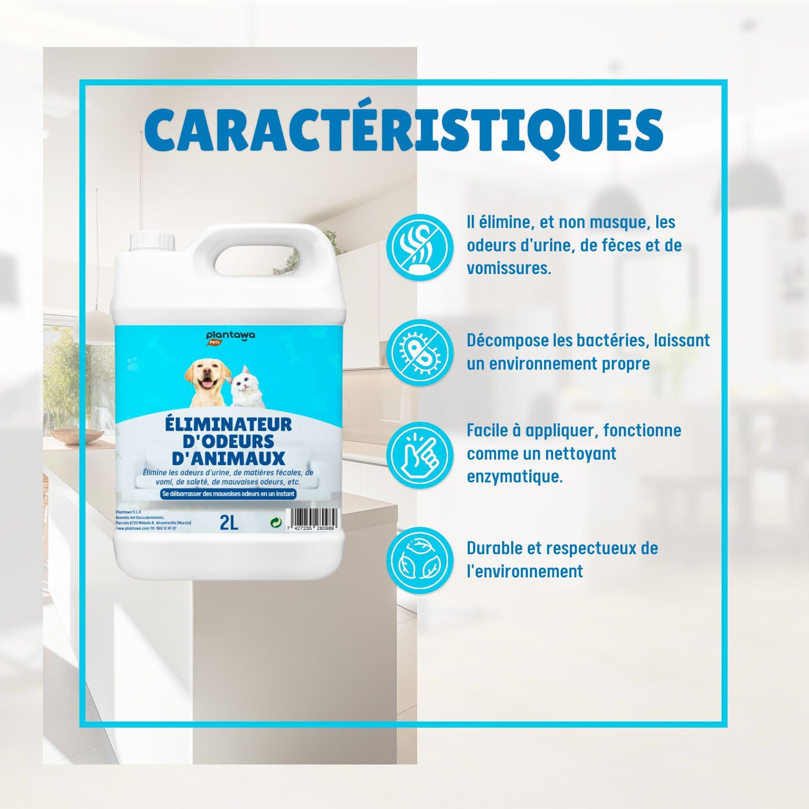 PLANTAWA Éliminateur instantané d'odeurs d'animaux domestiques 2L. Neutraliseur Enzymatique Odeurs Urine Fèces Vomissements. Intérieur et extérieur, Patio Jardin. Anti Odeur Urine Chiens Chats.