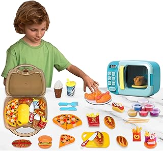 Koolbitz Pretend Play Toy Oven Set Microwave with Light & Sound, Realistic Working Functions with Pretend Play Food Set Kitchen Utensils Accessories, Educational Electronic Toy Gift for Boys & Girls