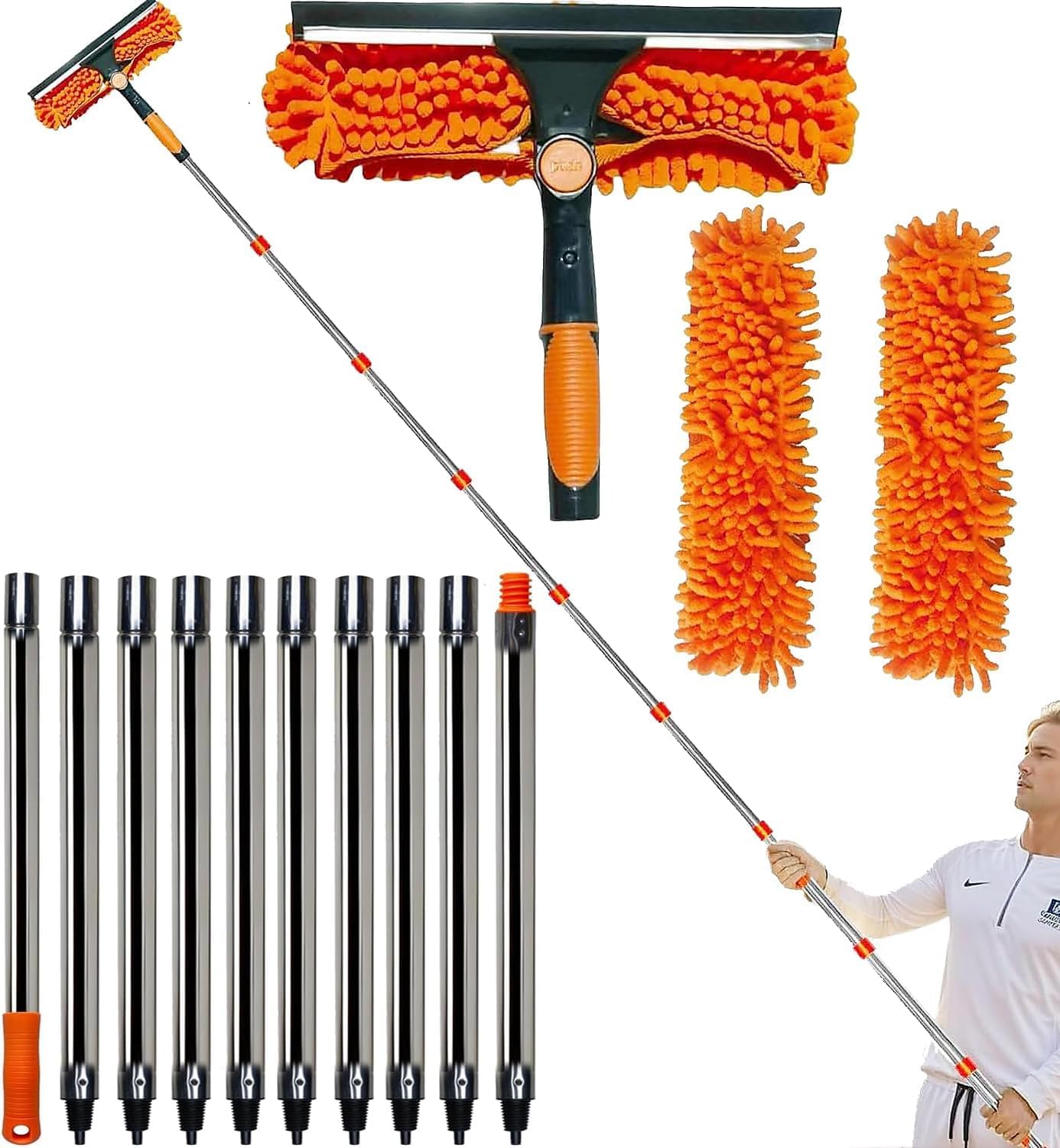 20+ Ft Reach 2 in 1 Window Washing Squeegee with 3-14 ft Spliceable Extension Pole // Window Cleaning Tool & Window Washer Squeegee for Home Indoor Outdoor Window Washing