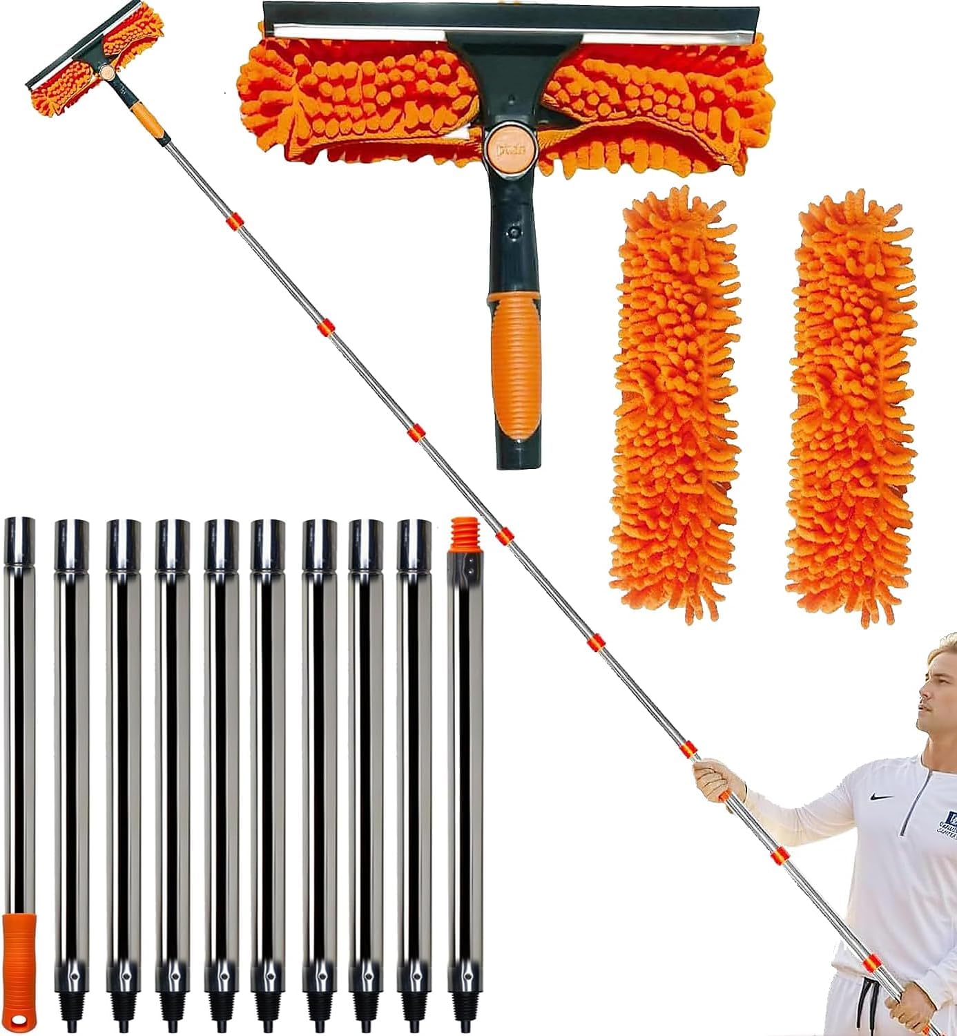 Tomp 20+ Foot Reach 2 in 1 Window Washing Squeegee with 3-13 ft Support Free Installation Extension Pole // Window Cleaning Tool & Washer Squeegee for Home Indoor Outdoor Washing