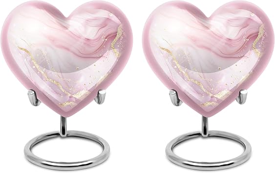 Blush Pink Marble Heart Urn for Ashes - Cremation Urns for Adults, Small Keepsake Urns 3 Inch, 2 Pcs