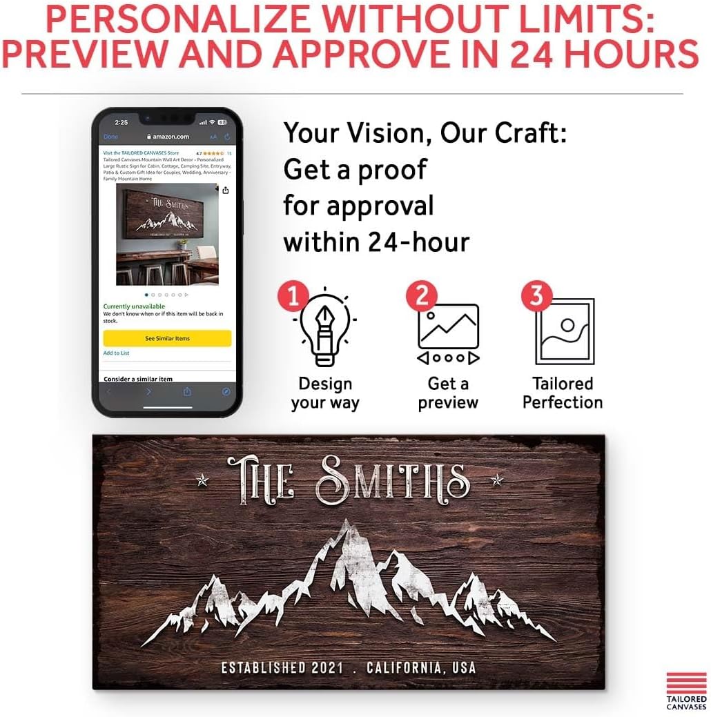 Tailored Canvases Mountain Wall Art Decor - Personalized Large Rustic Sign for Cabin, Cottage, Camping Site, Entryway, Patio & Custom Gift Idea for Couples, Wedding, Anniversary - Family Mountain Home