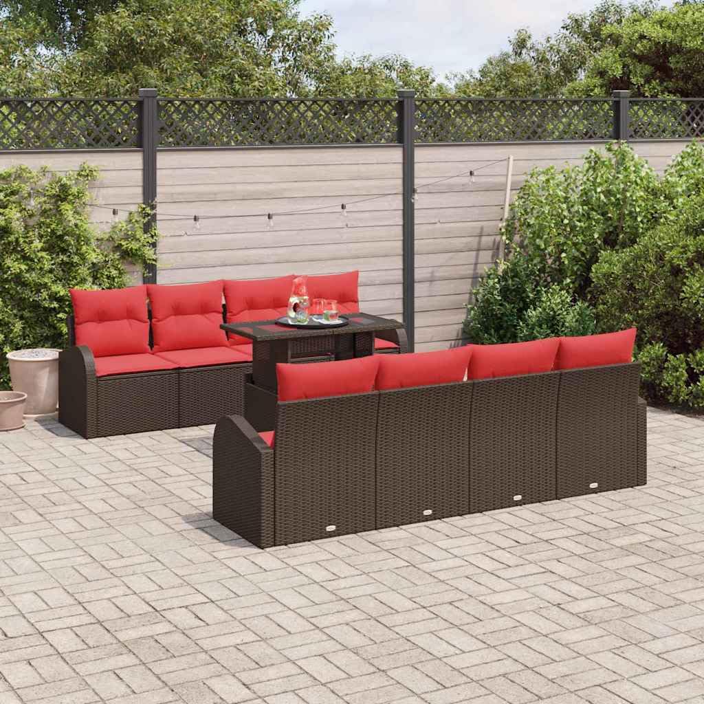 Juego de 9 sofás de jardín, muebles de jardín de polirratán marrón, sofá esquinero modular con mesa y cojín de asiento, cómodo grupo de asientos para jardín, terraza, exterior, 234 x 179 x 85
