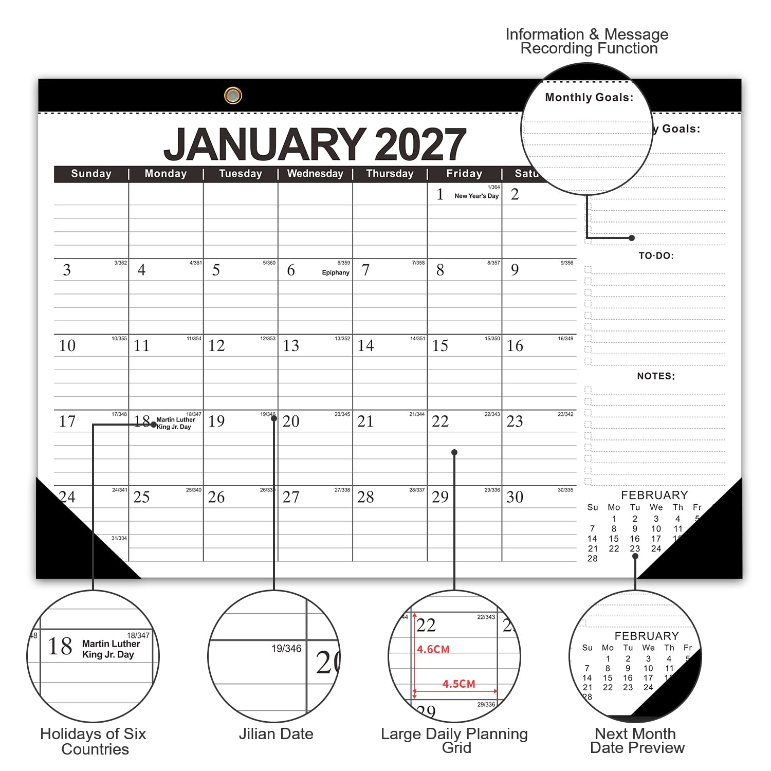 Kalendarz biurkowy 2023-2024, 18-miesięczny kalendarz biurkowy / kalendarz ścienny, 43 x 30 cm, styczeń 2023 - czerwiec 2024, wyróżnij święta, kalendarz planujący, gruby papier