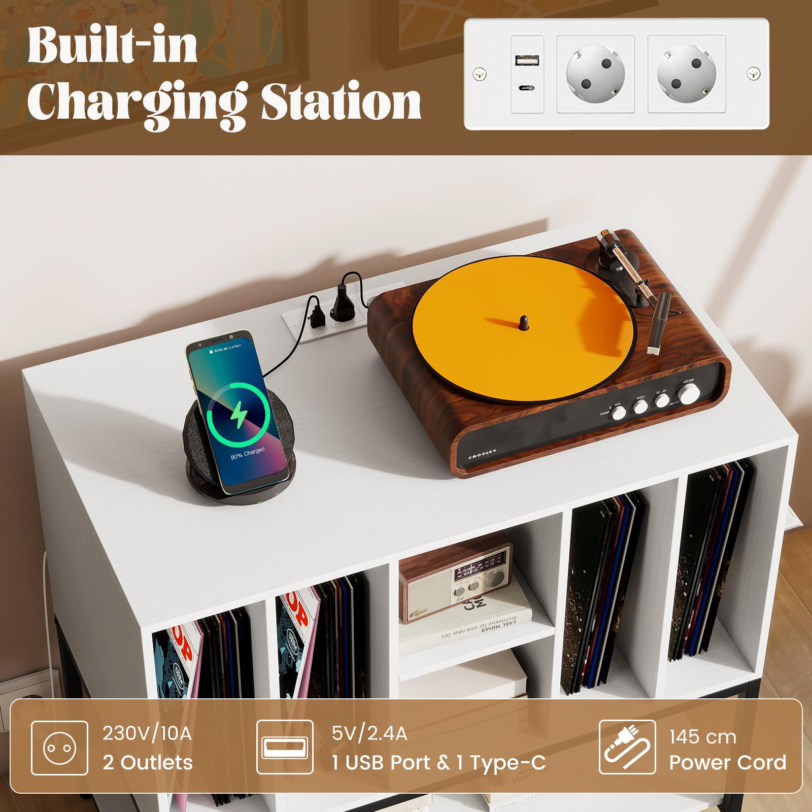 GIANTEX Support pour tourne-disque avec 6 compartiments et étagère ouverte, armoire pour disques vinyles avec station de charge, 80 x 45 x 79,5 cm, meuble de rangement pour salon, chambre (blanc)