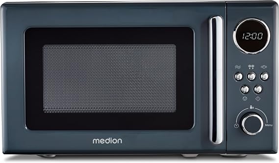 MEDION MD15000 Retro Microwave Small (20 Litres Approx. 800 Watt 5 Microwave Levels 8 Automatic Programmes Digital Display Defrost Function Compact Grey