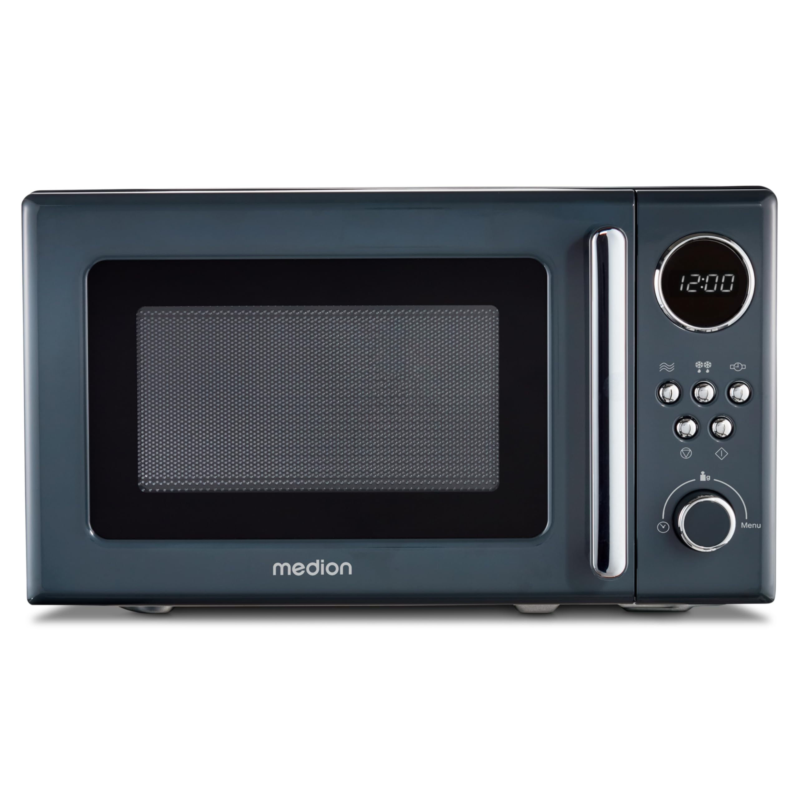MEDION Retro mała kuchenka mikrofalowa (20 litrów, ok. 800 W, 5 poziomów kuchenki mikrofalowej, 8 automatycznych programów, cyfrowy wyświetlacz, funkcja rozmrażania, kompaktowa, MD15000), szara