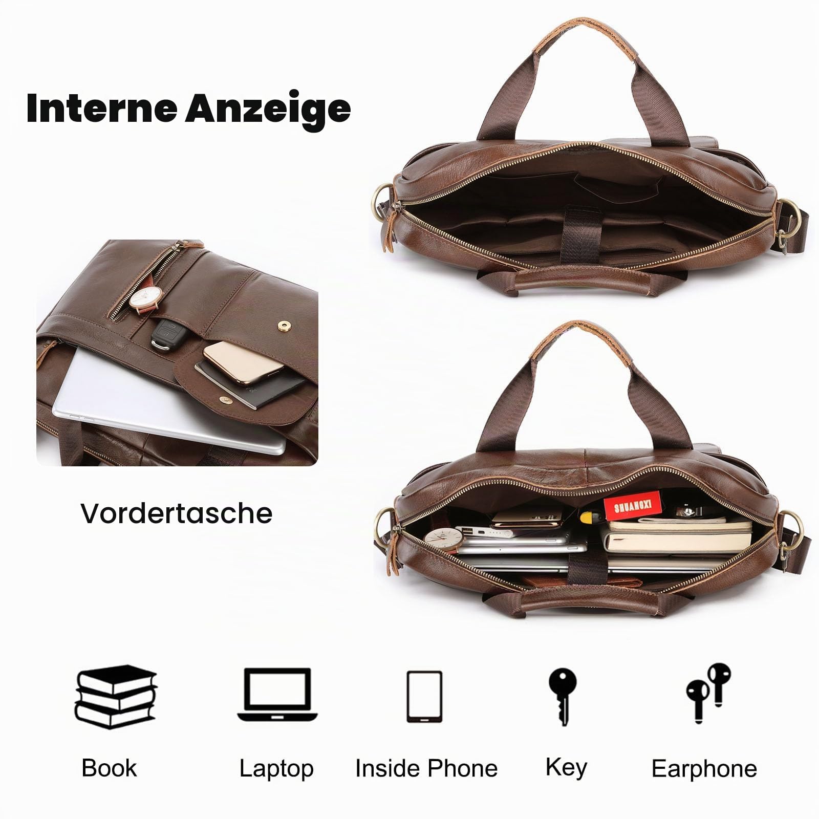 FANDARE Herren Aktentasche Umhängetasche Leder Mann 15.6 Zoll Laptoptasche Damen Henkeltasche Arbeitstasche Business Handtasche Tragetasche Schultertasche Leder Messenger Crossbody Briefcase Braun