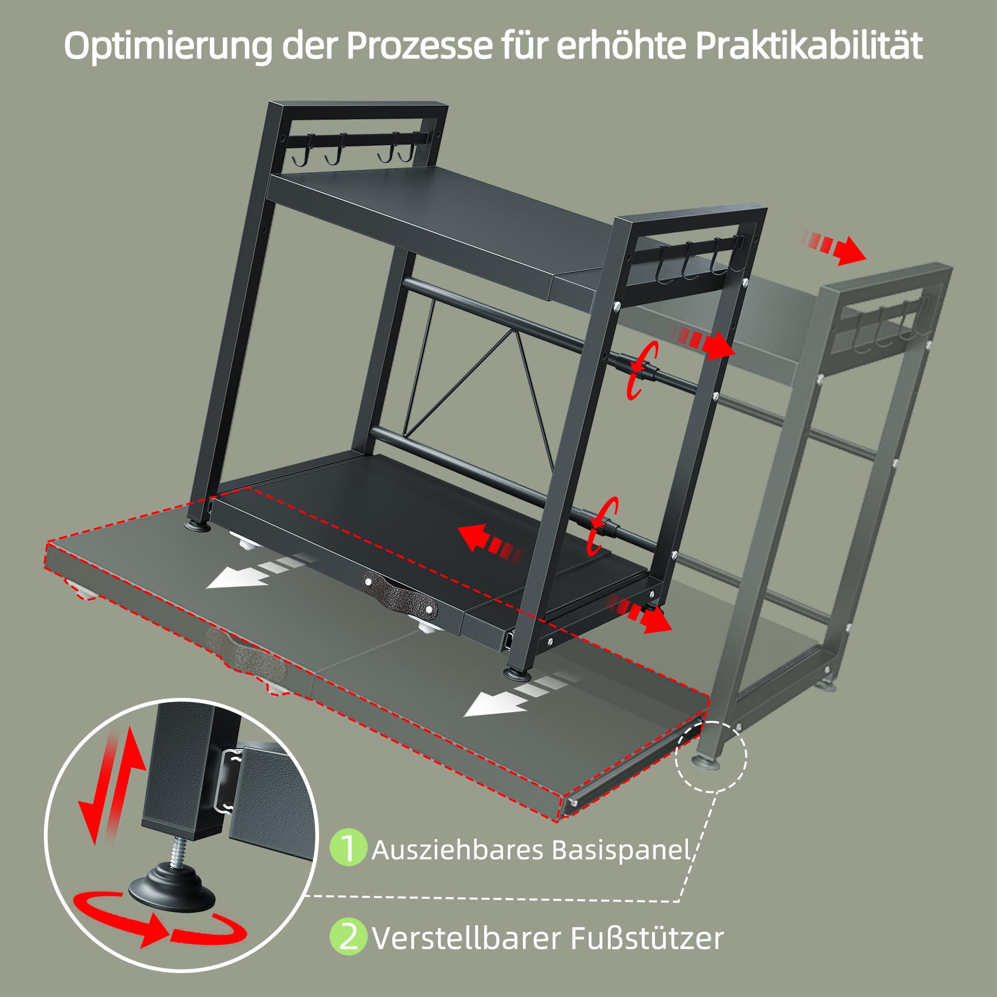 NETEL Erweiterbares Mikrowellen Regal mit schublade,2 stufig küchenregal | Regal küchen organizer für Backofen,kaffeemaschine&aufbewahrung,Robuster Kohlenstoffstahl,8 Haken,2 stufig,Schwarz