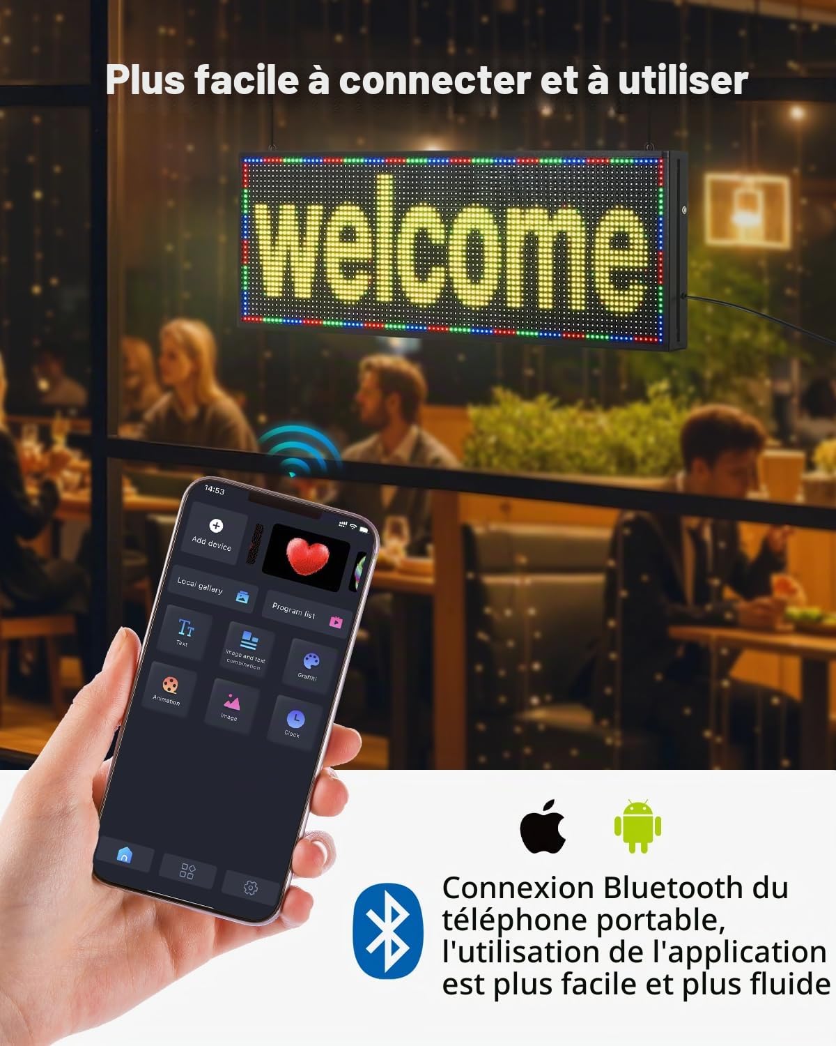 VEVOR Enseigne Lumineuse LED Programmable 99x35 cm, Panneau d’Affichage Numérique Couleur Pleine P10, GIF à Motifs de Texte Personnalisés, Commande Bluetooth, Information Publicitaire Publicité