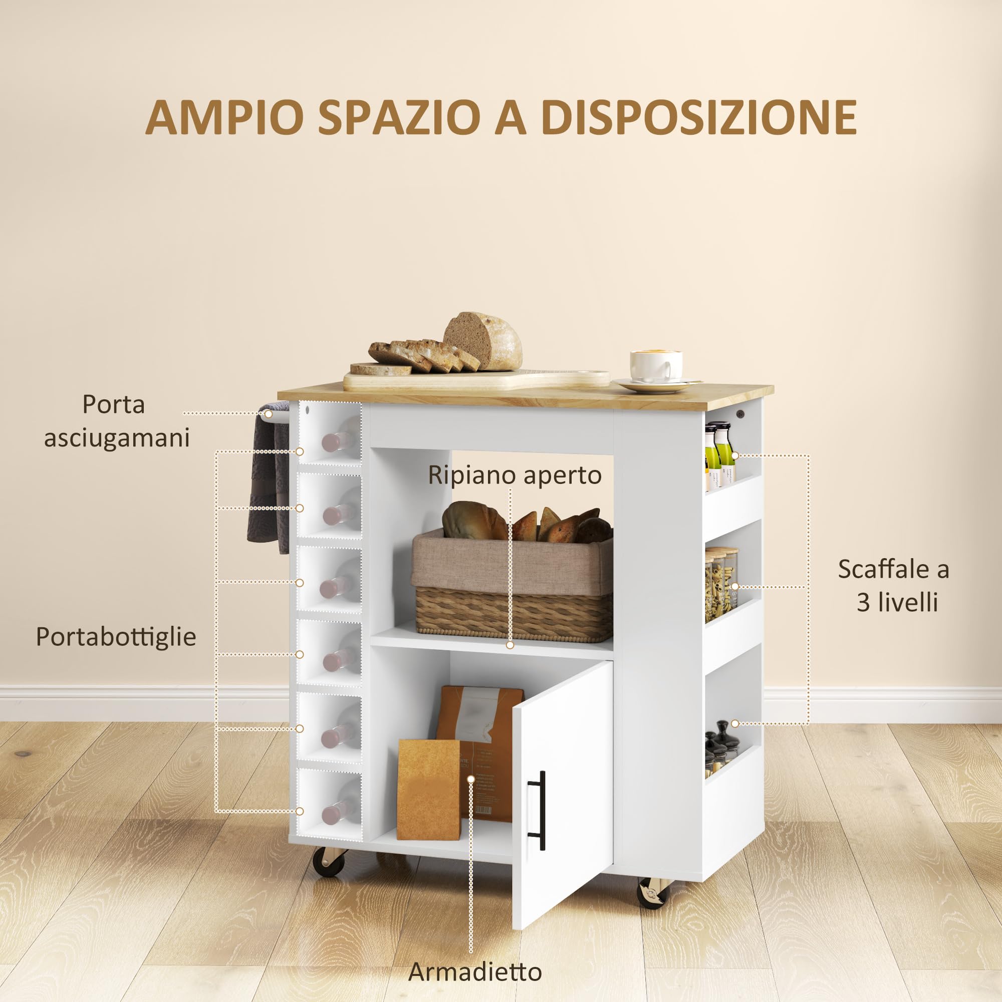 HOMCOM Carrello da Cucina con 6 Portabottiglie, 3 Ripiani Laterali e Armadietto con Cerniere Ammortizzate, Mobiletto Cucina con Portasciugamani e Piano in Legno di caucciù, 83x40x83cm, Rovere