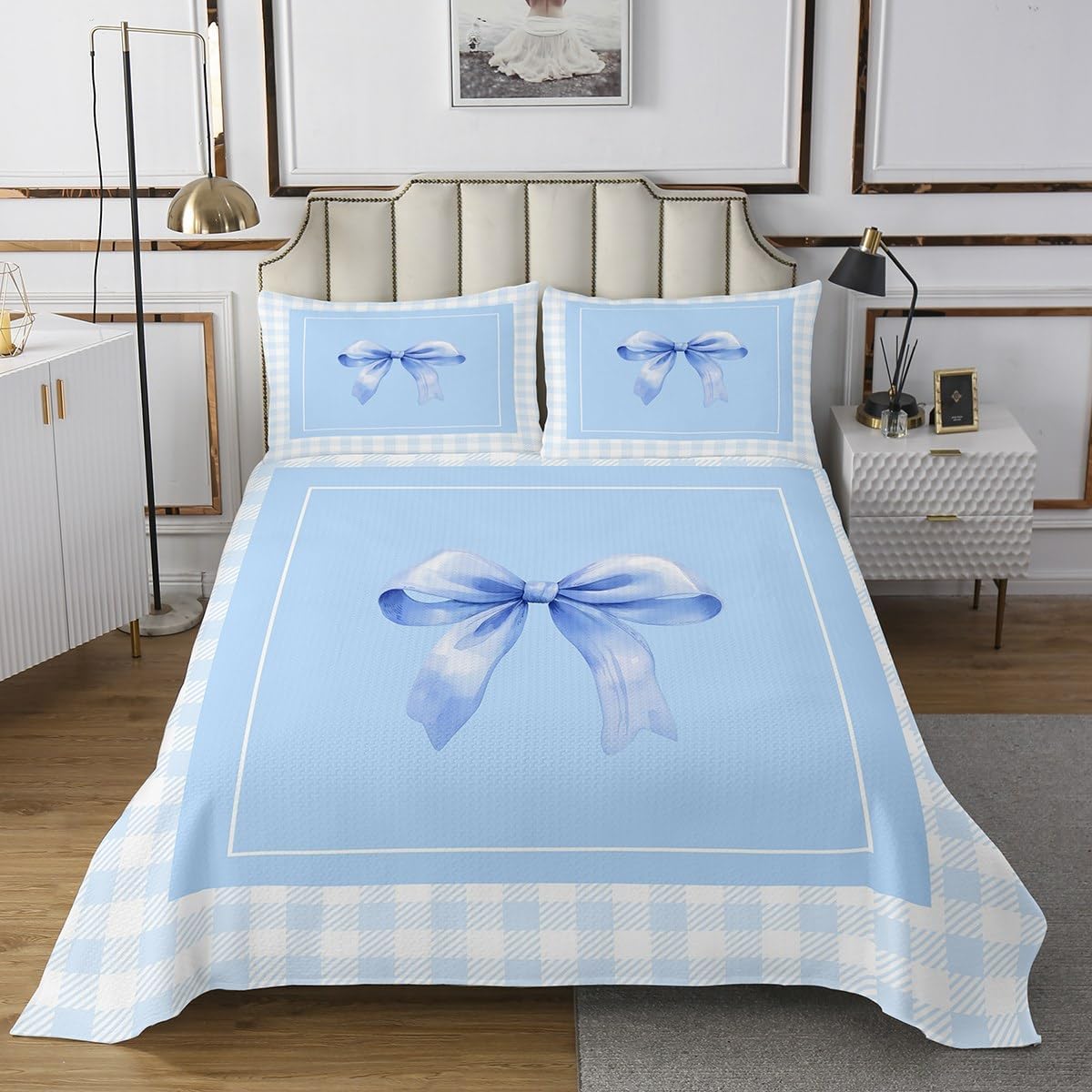 jejeloiu Bowknot Bedspread Kawaii Simple Bows Bedspread for Kids Boys Girls Cartoon Dreamy Coverlet Set Baby Blue Ribbon Quilted Bedroom Collection 3Pcs King Size
