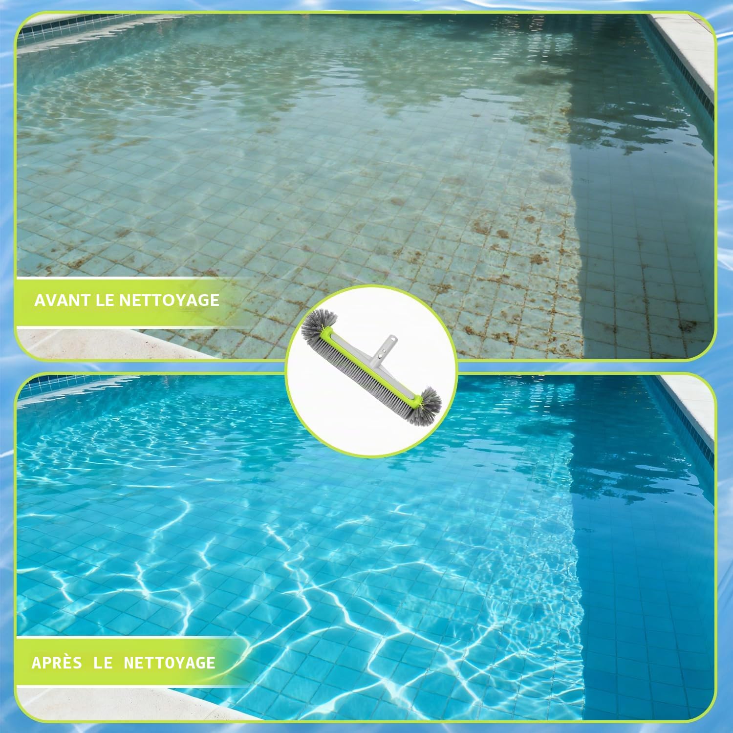 Tête de Brosse de Piscine 45cm Balai Piscine Brosses Poils Robustes Manche Aluminium Hémisphérique Mur Sol