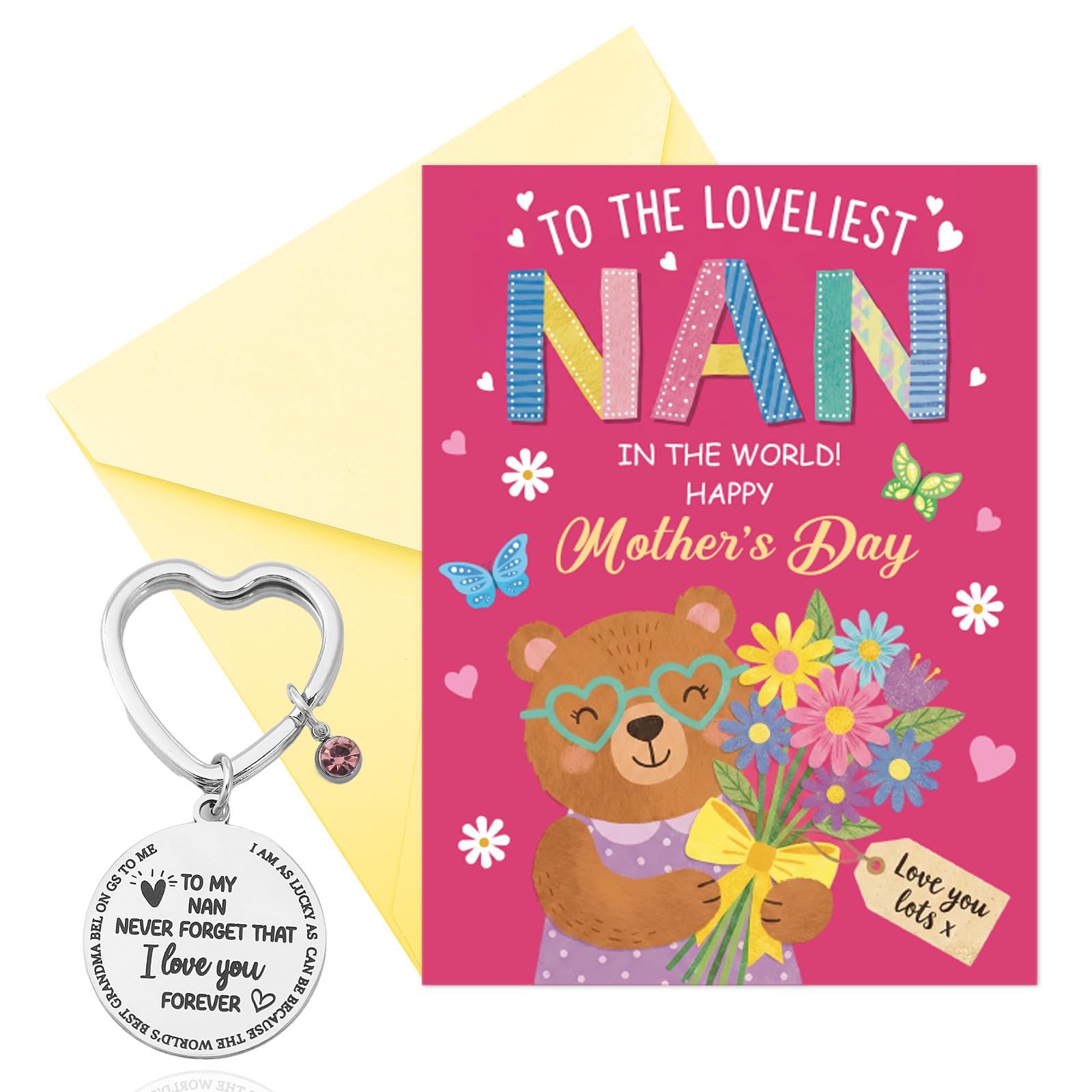 PURCAFT NaNa Mother's Day Card To The Loveliest Nan in the World With Envelopes Keychain Floral Bear Mum Card for Wife Grandma Grandmothers Mothers Day Greetings Gifts