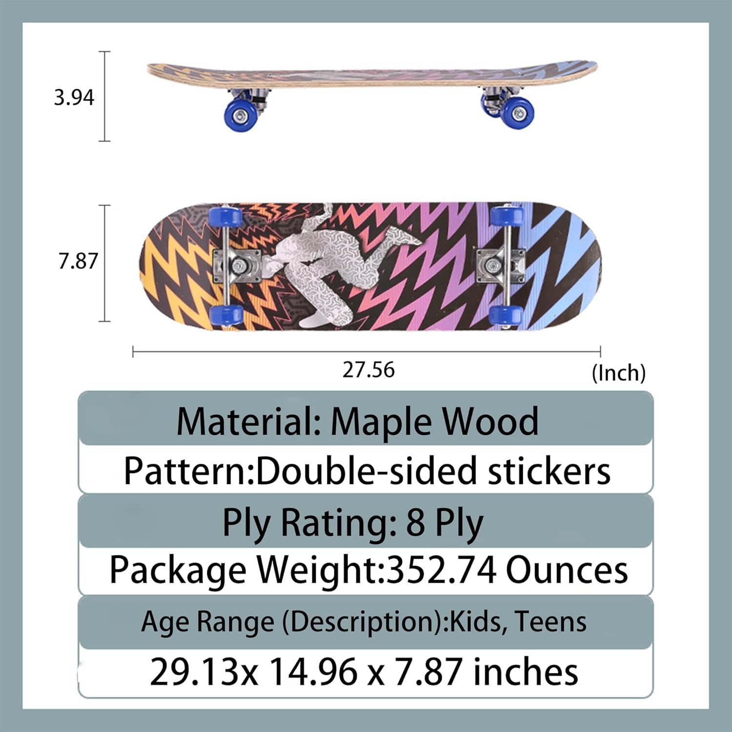 Skateboard personnalisé de 78,7 x 20,3 cm pour débutants et professionnels, skateboard complet personnalisé avec 7 à 9 couches en bois d'érable double kick concave decave, roues en polyuréthane