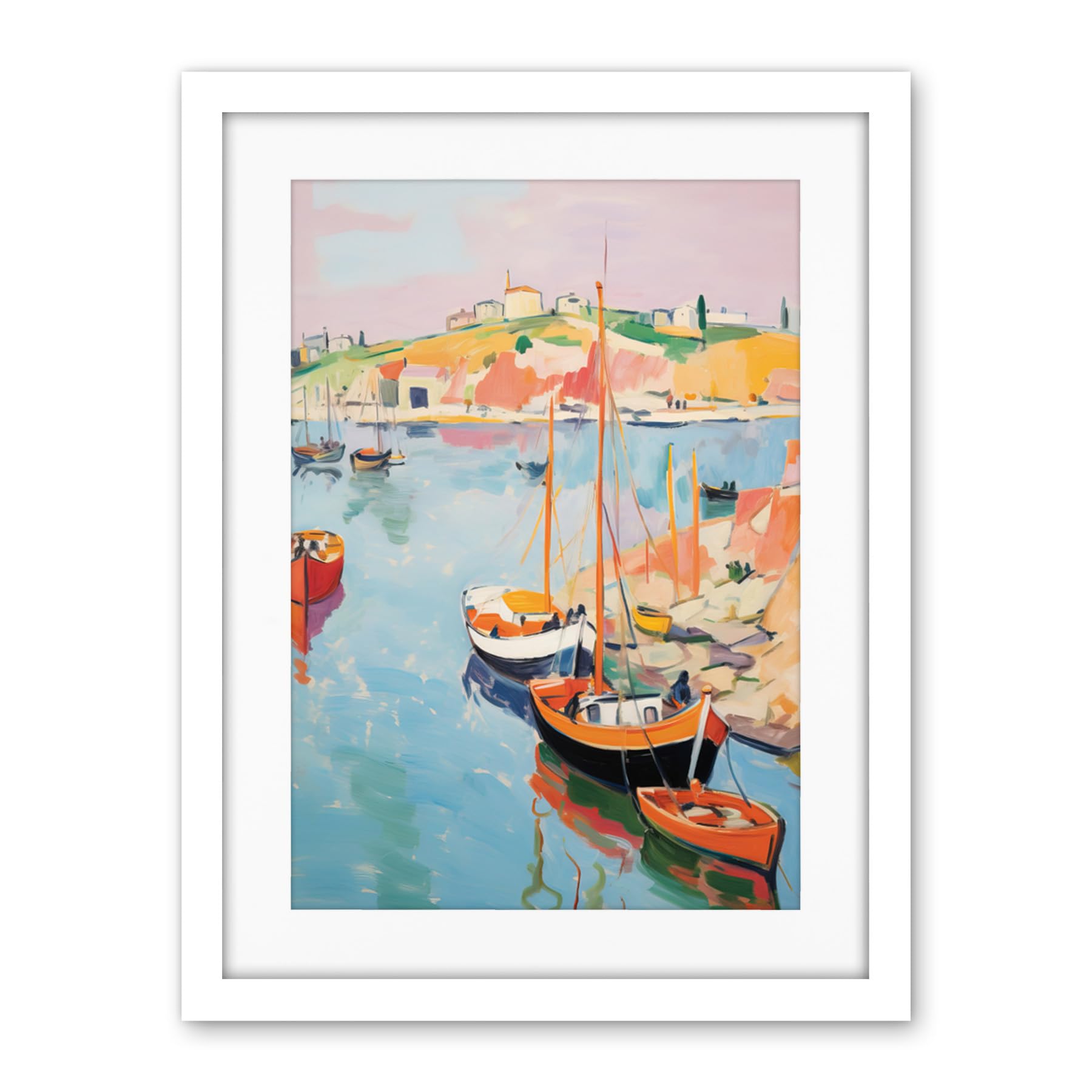 Artery8 Boats in Harbour Fishing Village Coastal Landscape Colourful Abstract Watercolour Painting Artwork Framed Wall Art Print 18X24 Inch