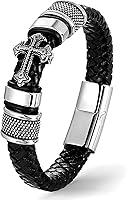 Qoncosy Men's Genuine Leather Cross Bracelet with Stainless Steel Jesus Charm - Faith Wristband Cuff, 7.5-9 Inch Sizes