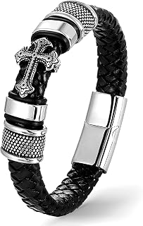 Qoncosy Men's Genuine Leather Cross Bracelet with Stainless Steel Jesus Charm - Faith Wristband Cuff, 7.5-9 Inch Sizes