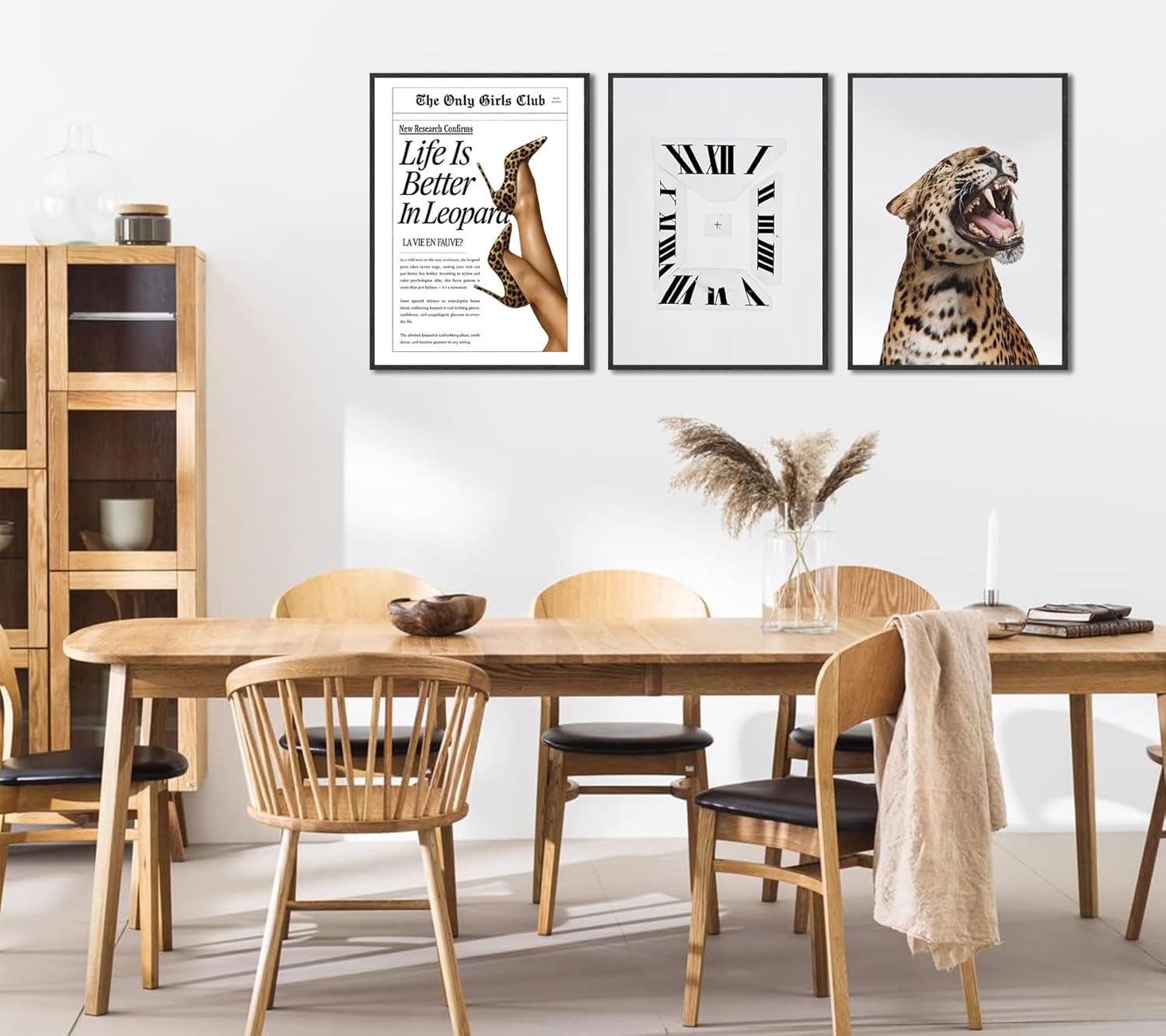 3Pcs Trendy Leopard Canvas Wall Art Vintage Newspaper Leopard Boots Paintings Pictures Fashion Preppy Wall Decor Abstract Clock Prints for Living Room Apartments Dorms Home Decoration 16x24in Unframed
