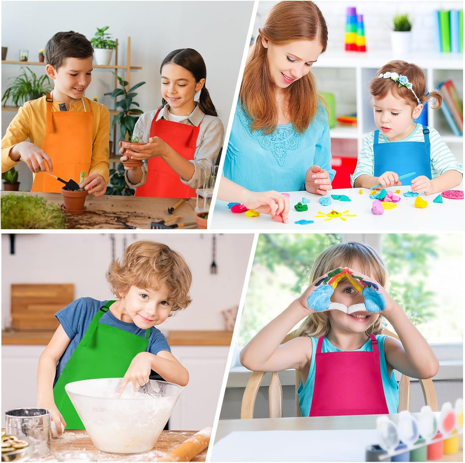 Morcheiong 8/12/24 Pack Adjustable Kids Apron Bulk with 2 Pockets Toddler Apron Kids Painting Aprons for Baking Painting