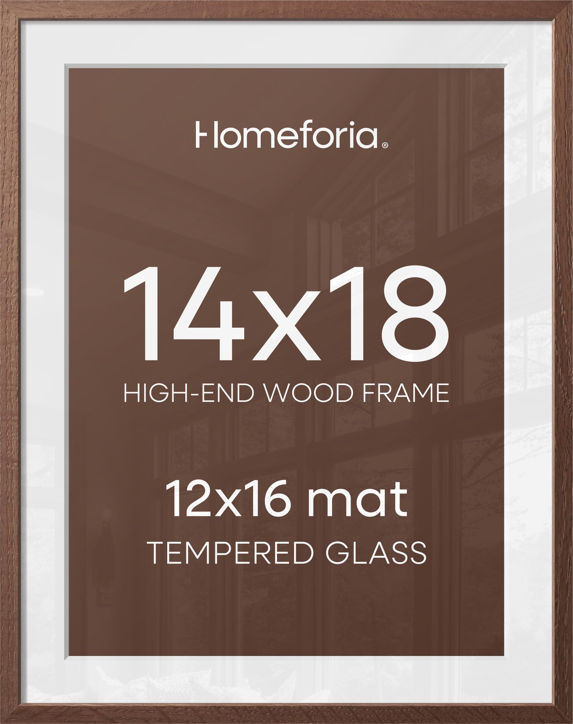 Homeforia 14x18 Brown Oak Picture Frame, High-End Wood, 12x16 Mat, Glass | High End Solid Oak Wood, Tempered Glass, Acid-Free 12x16 Removable Mat, 14x18 Edge-to-Edge Display 18x14, Wall Kit, Set Of 2