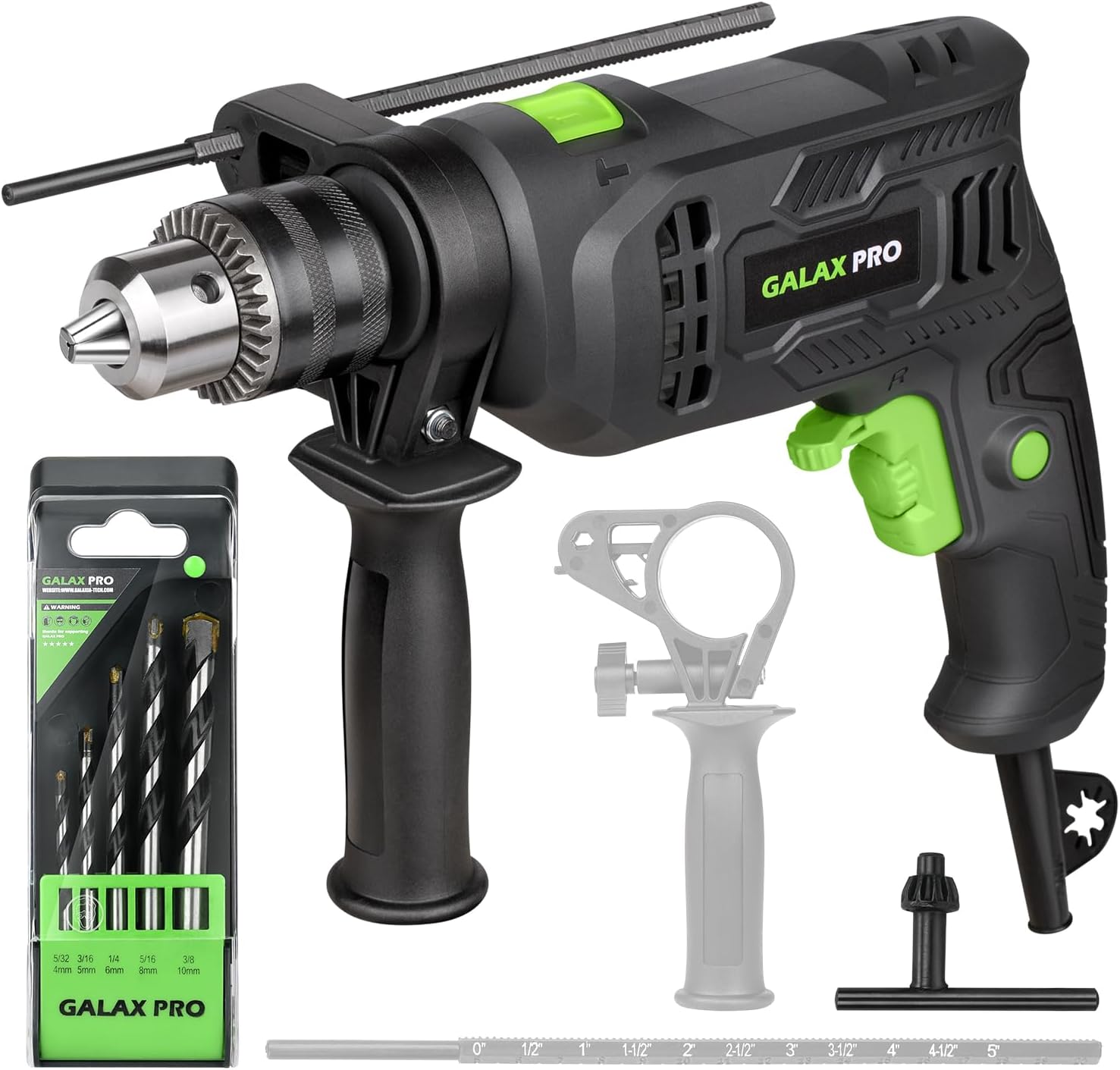 GALAX PRO - 4.5 Amp Corded Hammer Drill, 0-3000 RPM, 5 Pieces, Hammer and Drill, 2 Functions in 1 with 12 Variable Speed, Metal Chuck with 1/2" Wrench, Handle