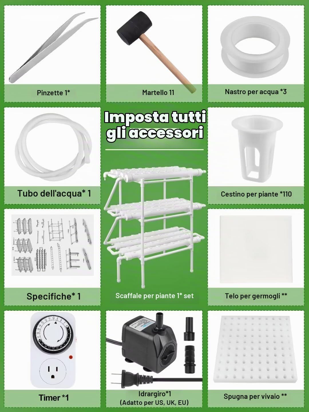 Kalolary Kit di Coltivazione Idroponica a 3 Strati, Attrezzatura per Piantagione Idroponica da 108 Luoghi con Pompa dell'Acqua, Sistema di Coltivazione Idroponica con Cestini e Spugne